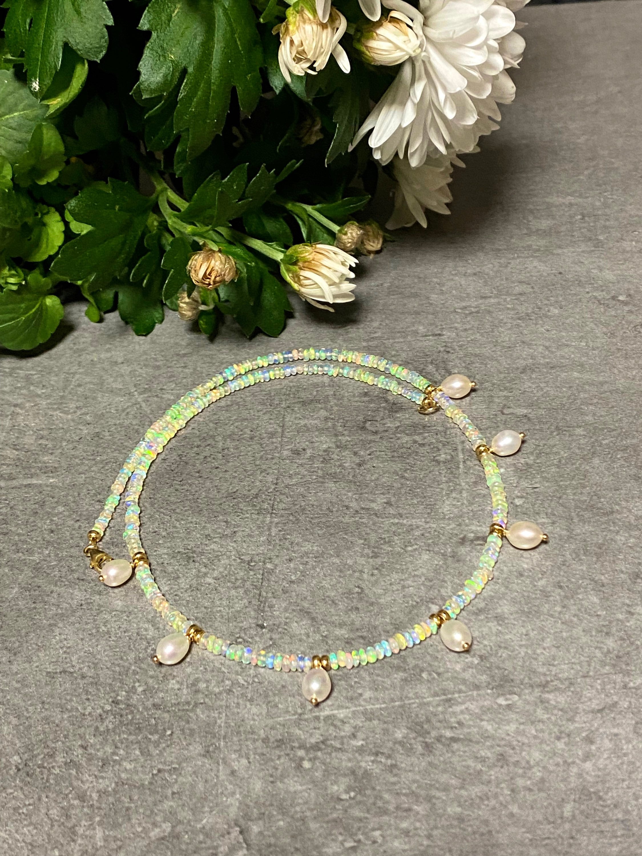 Ethiopian opal and fresh water pearl necklace