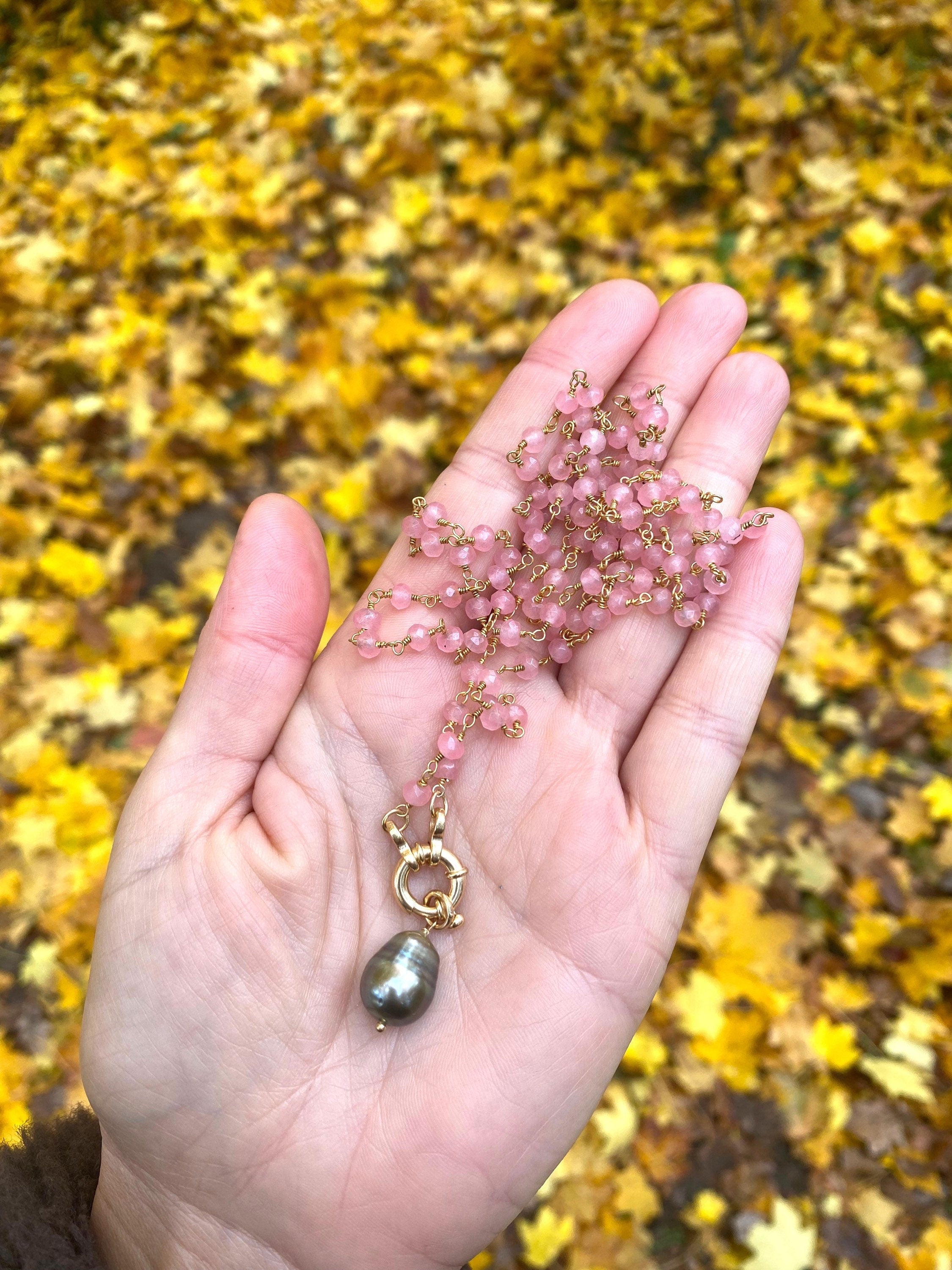 Rose quartz rosary chain with real Tahitian pearl pendant, layered necklace