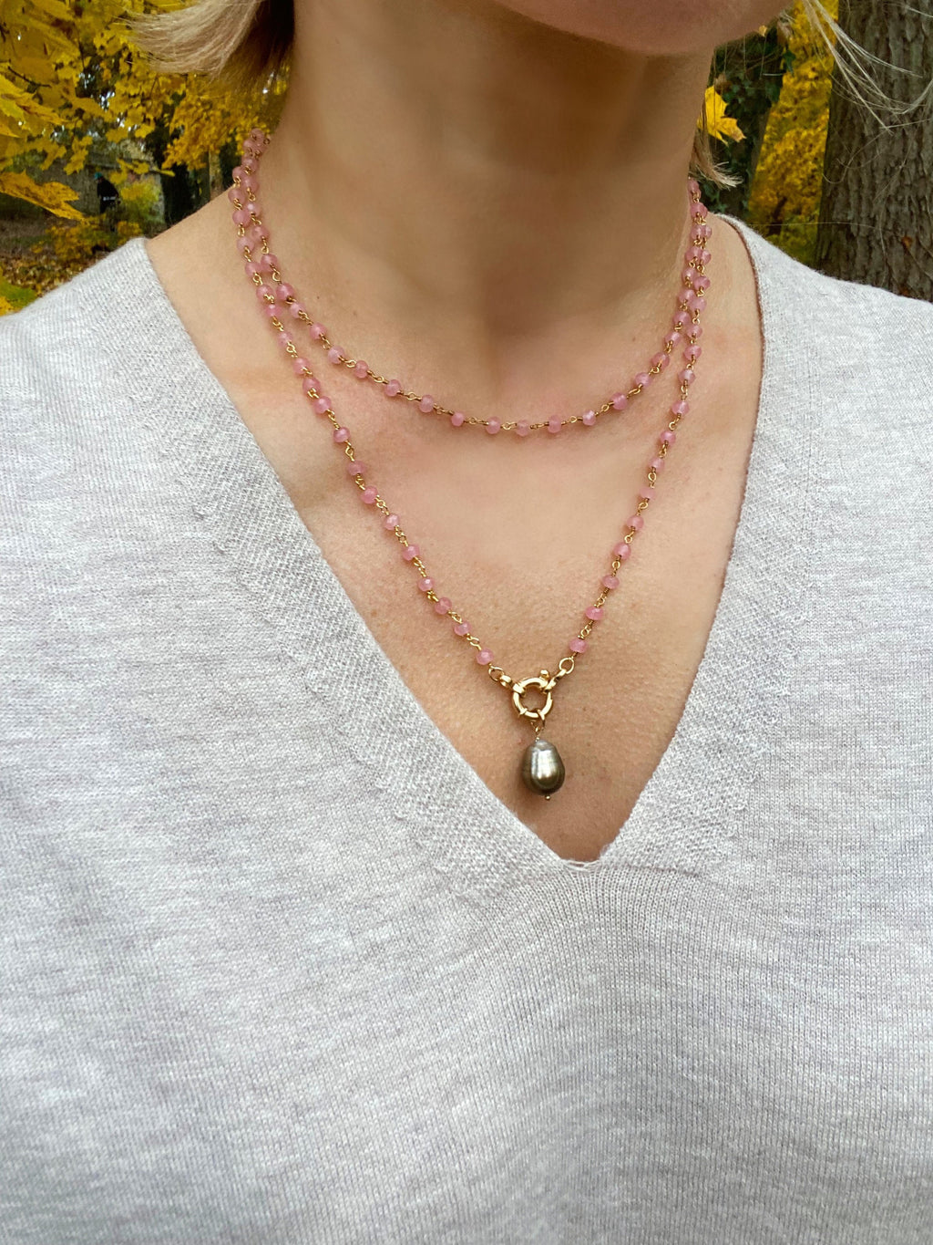 Rose quartz rosary chain with real Tahitian pearl pendant, layered necklace