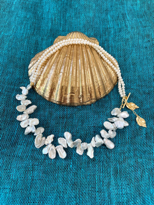 White keshi pearls necklace with golden leaves charms