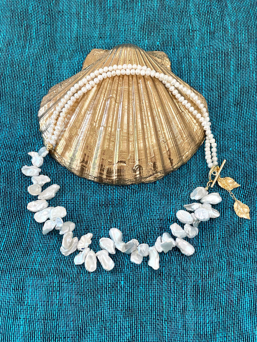 White keshi pearls necklace with golden leaves charms