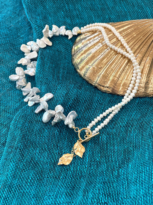 White keshi pearls necklace with golden leaves charms