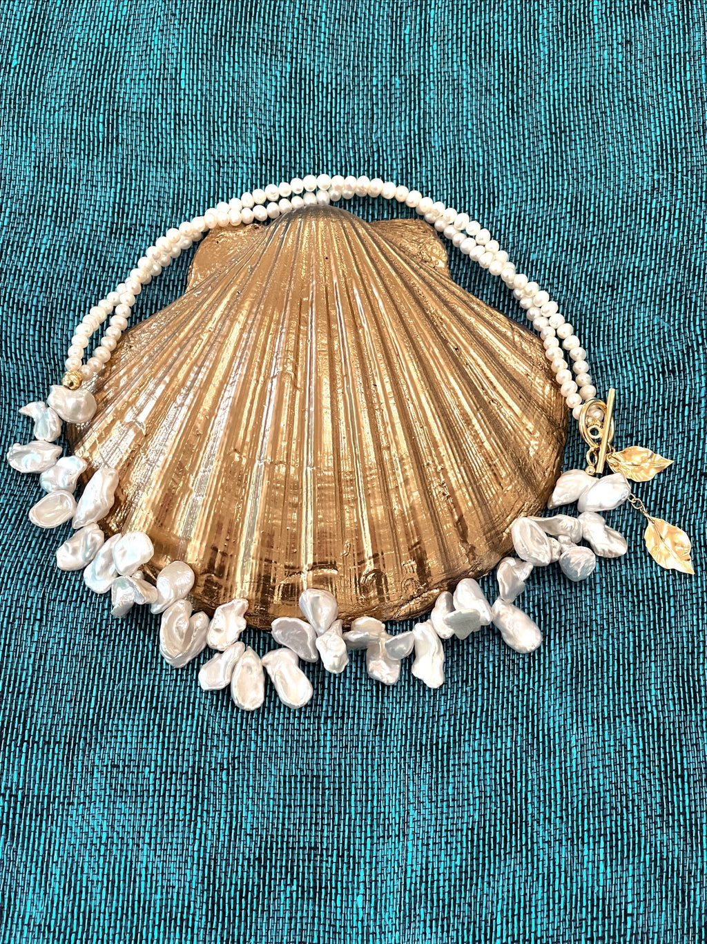 White keshi pearls necklace with golden leaves charms