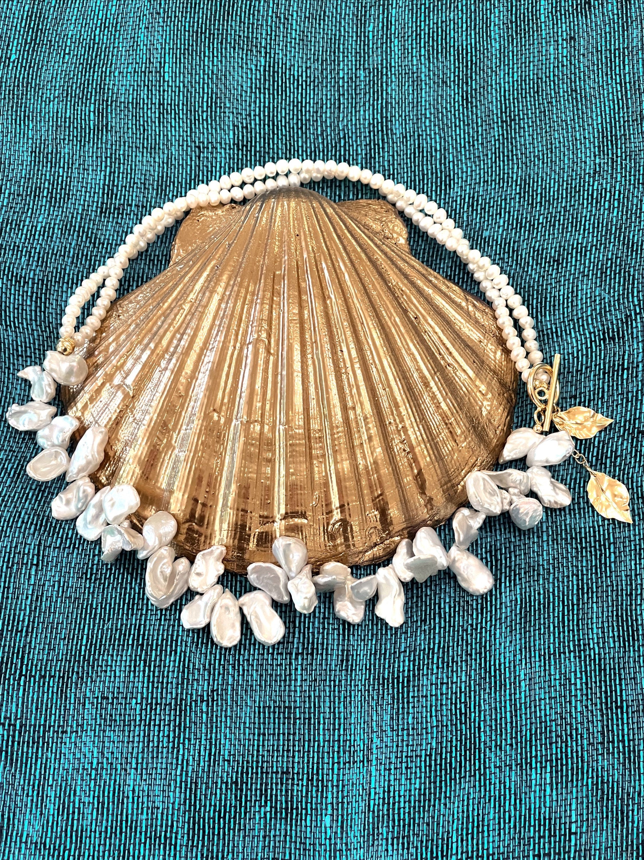White keshi pearls necklace with golden leaves charms
