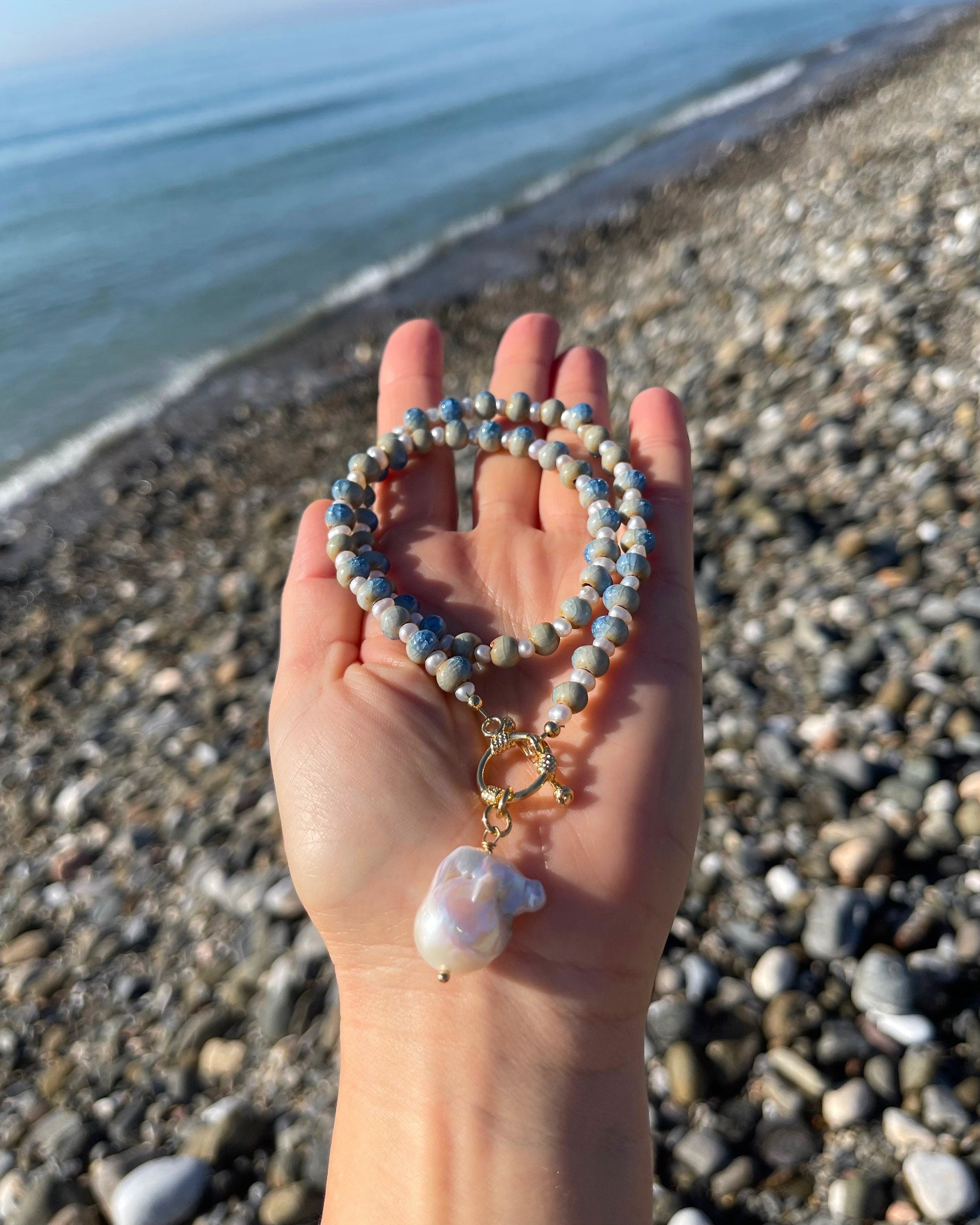 Blue ceramic necklace with baroque pearl pendant