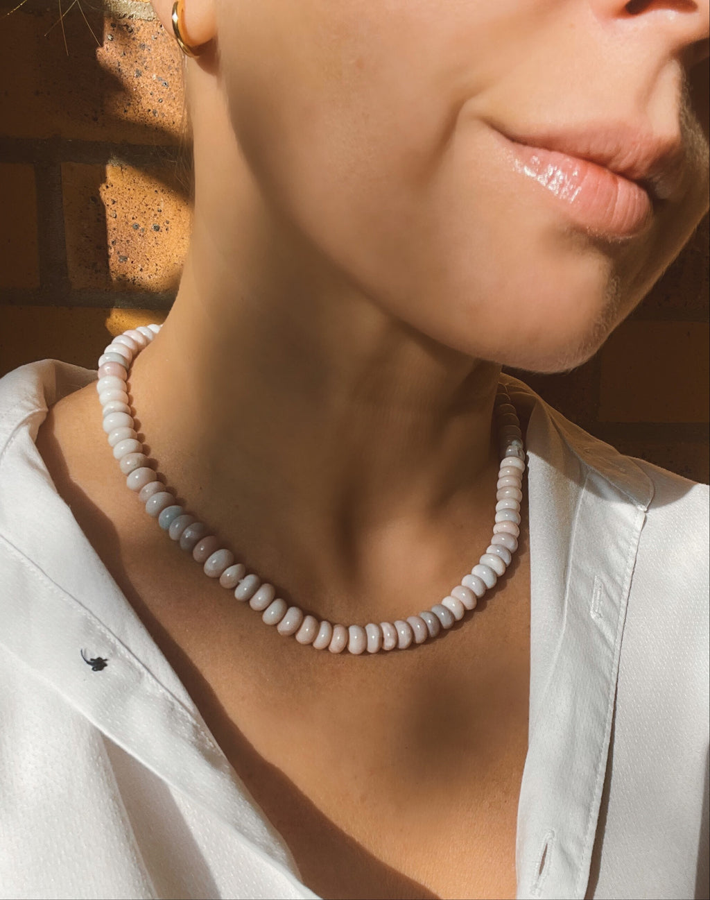 Lavender opal hand knotted beaded necklace with magnetic clasp