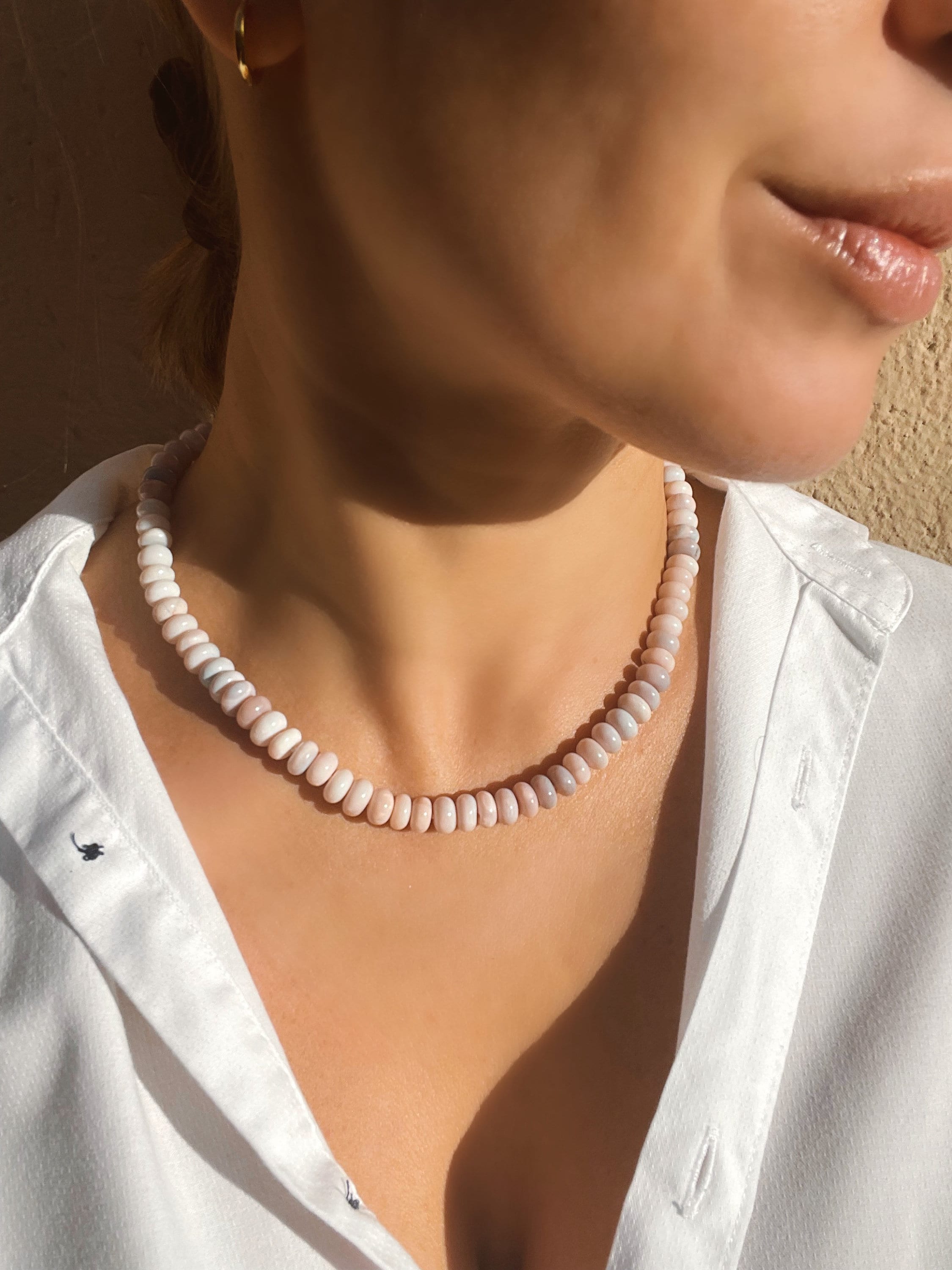 Lavender opal hand knotted beaded necklace with magnetic clasp