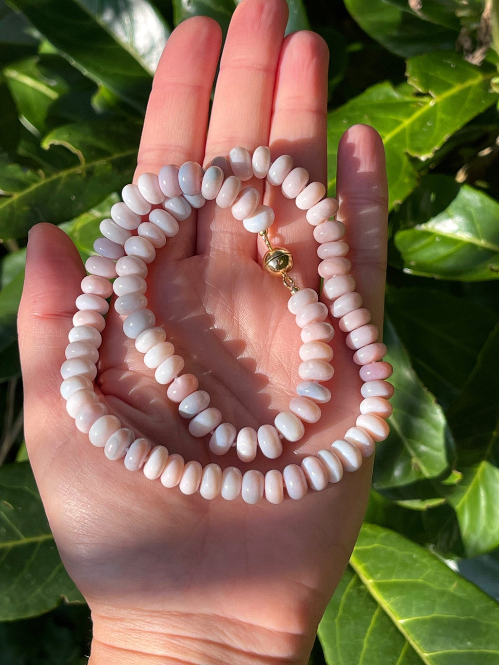 Lavender opal hand knotted beaded necklace with magnetic clasp