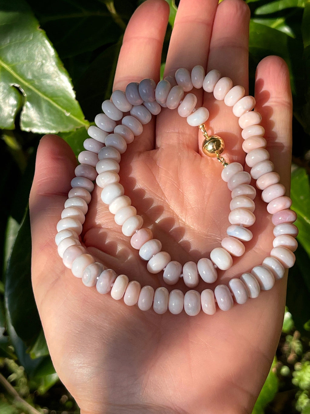 Lavender opal hand knotted beaded necklace with magnetic clasp