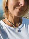 Blue ceramic necklace with baroque pearl pendant