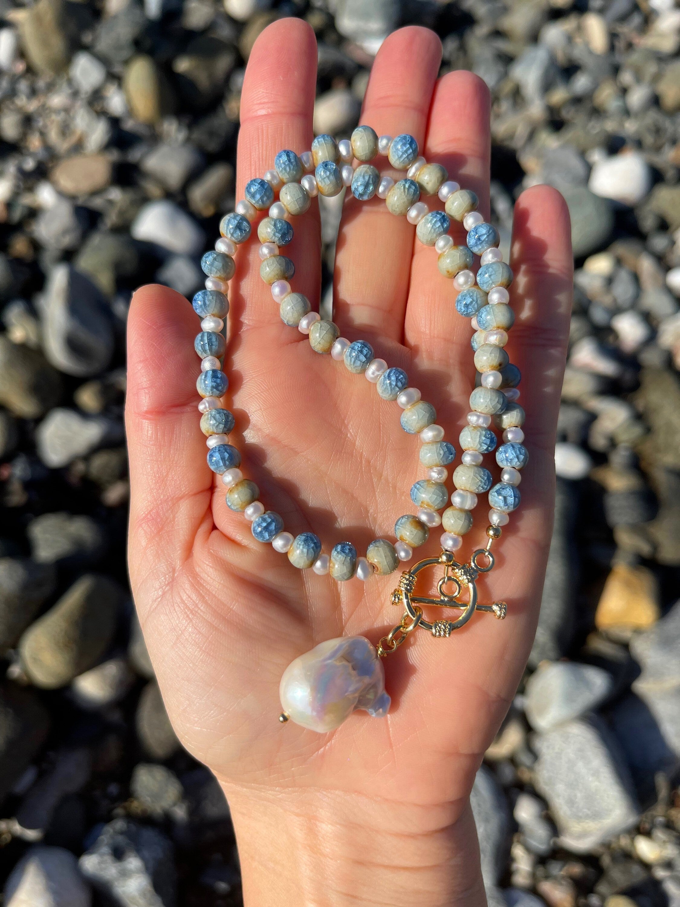 Blue ceramic necklace with baroque pearl pendant