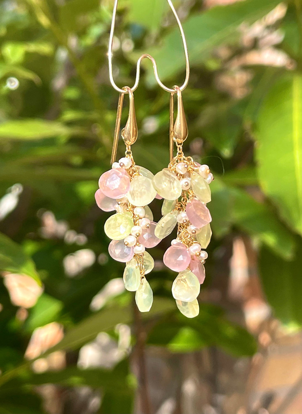 Rose Quartz and Prehnite Briolette Drop Earrings
