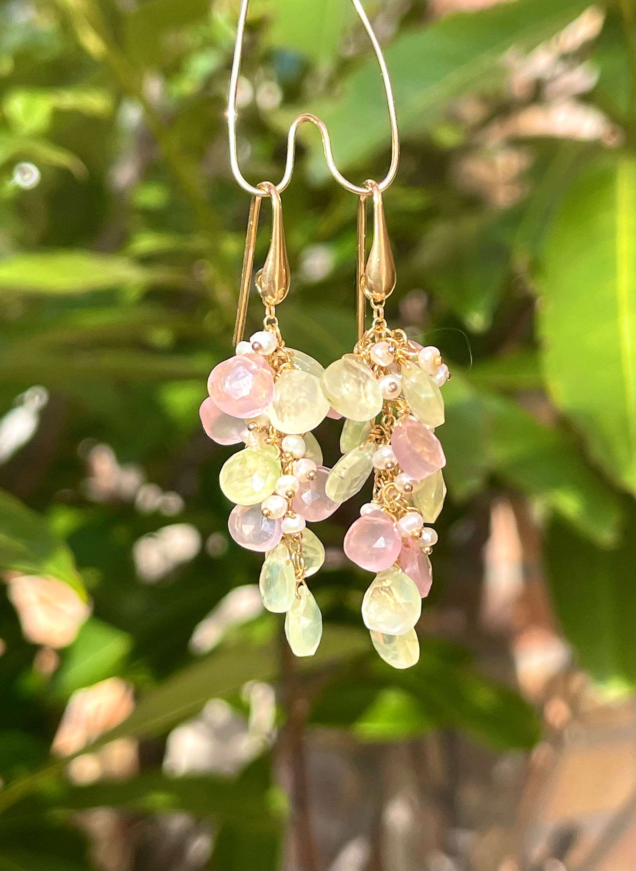 Rose Quartz and Prehnite Briolette Drop Earrings