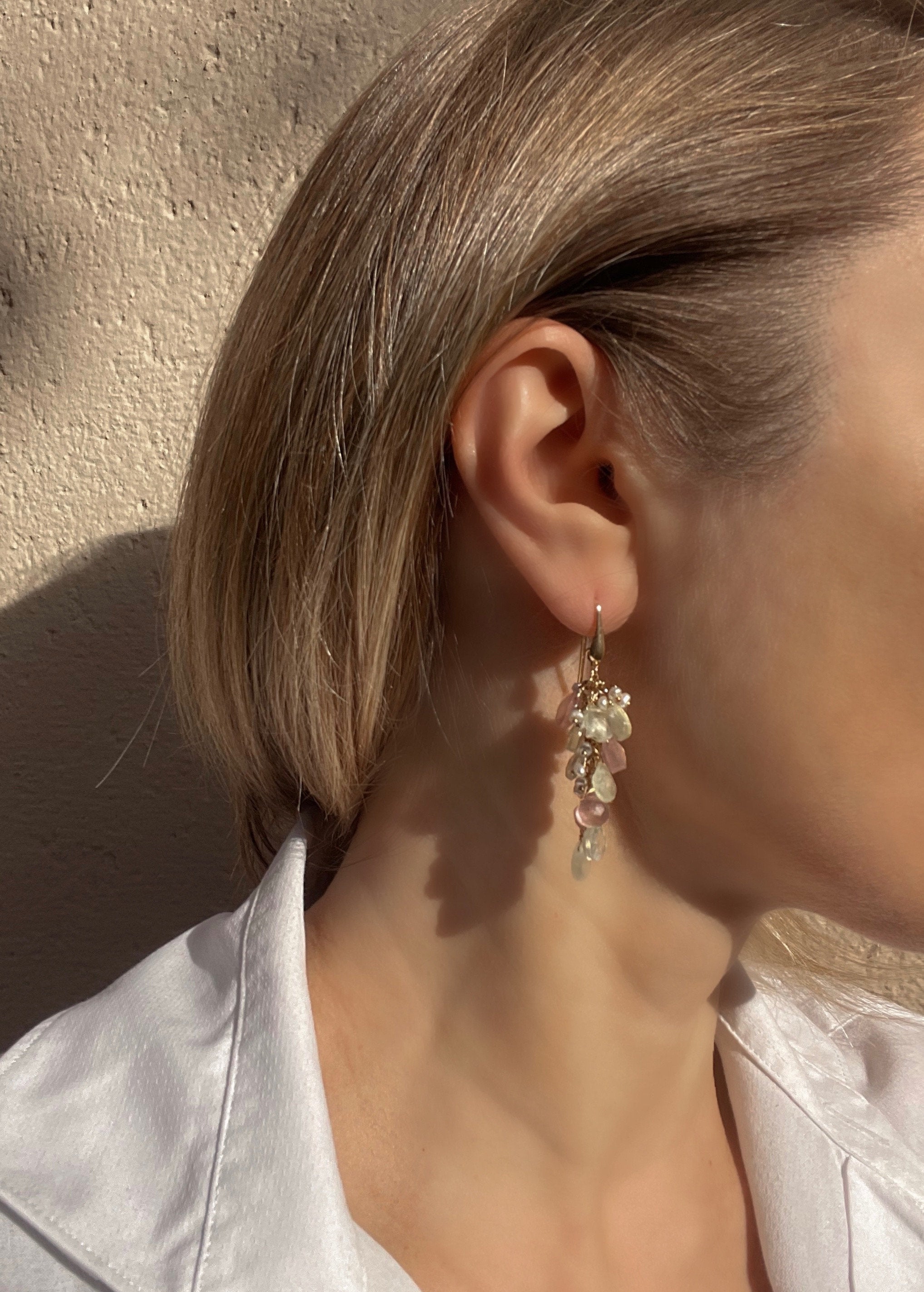 Rose Quartz and Prehnite Briolette Drop Earrings