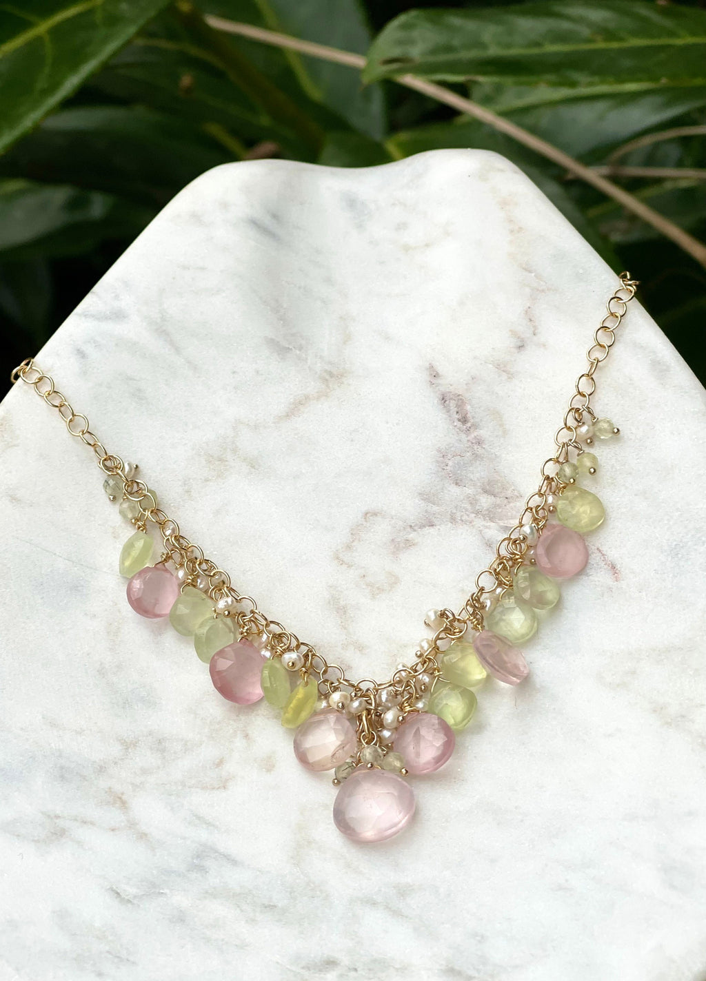 Rose quartz and prehnite briolette necklace