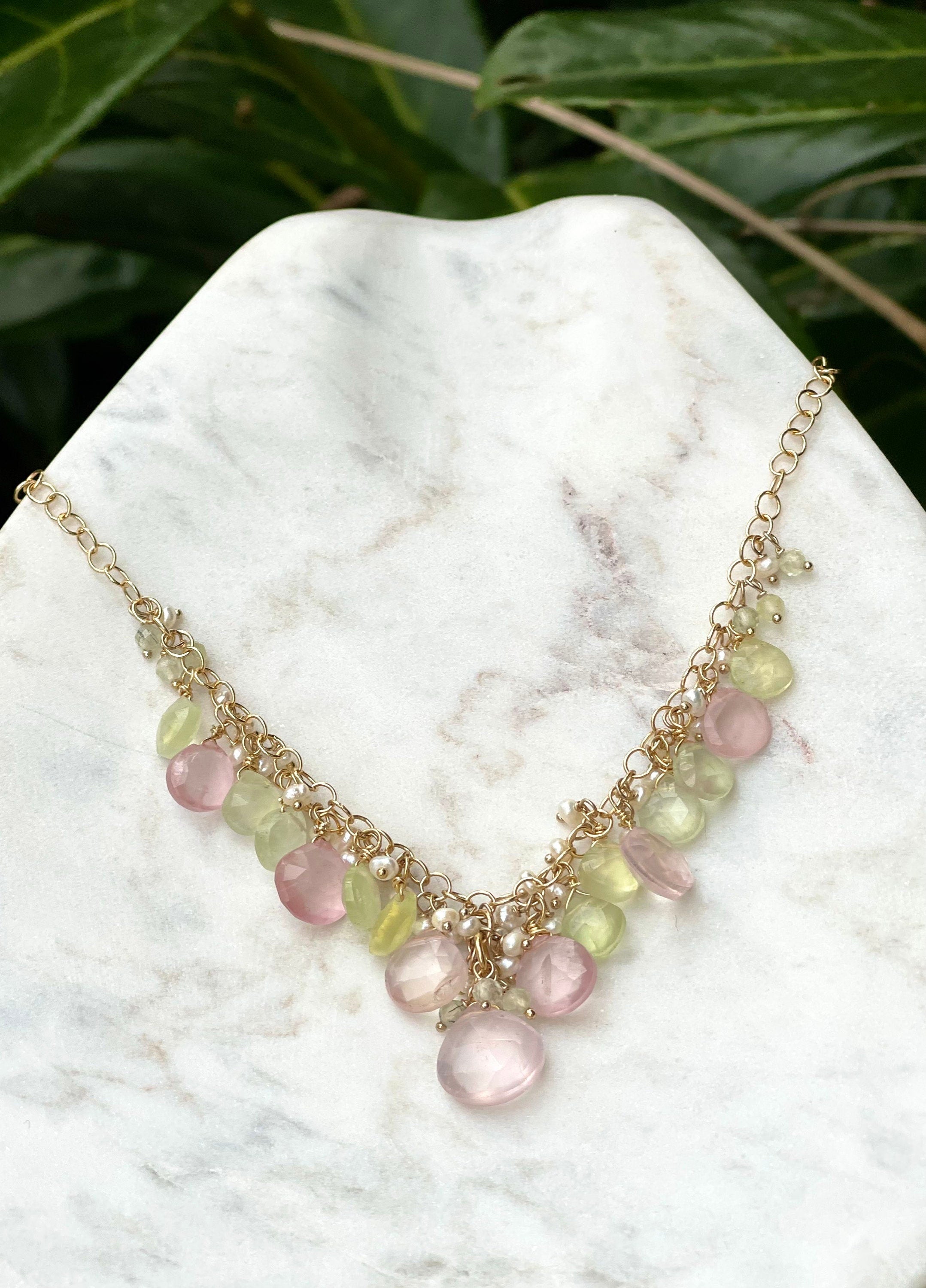 Rose quartz and prehnite briolette necklace