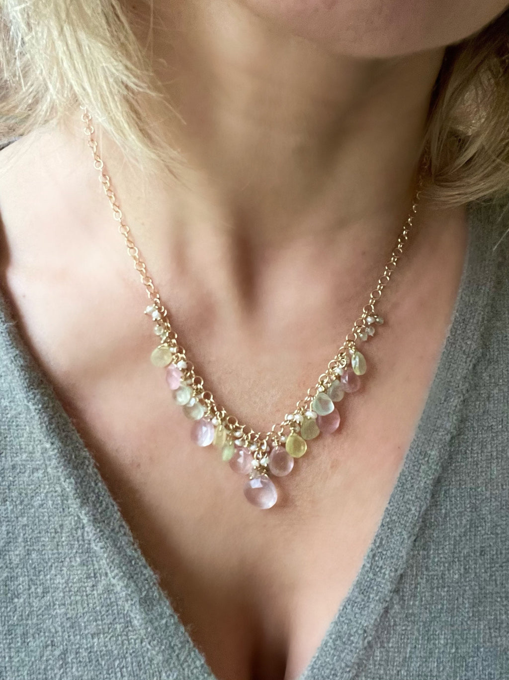 Rose quartz and prehnite briolette necklace