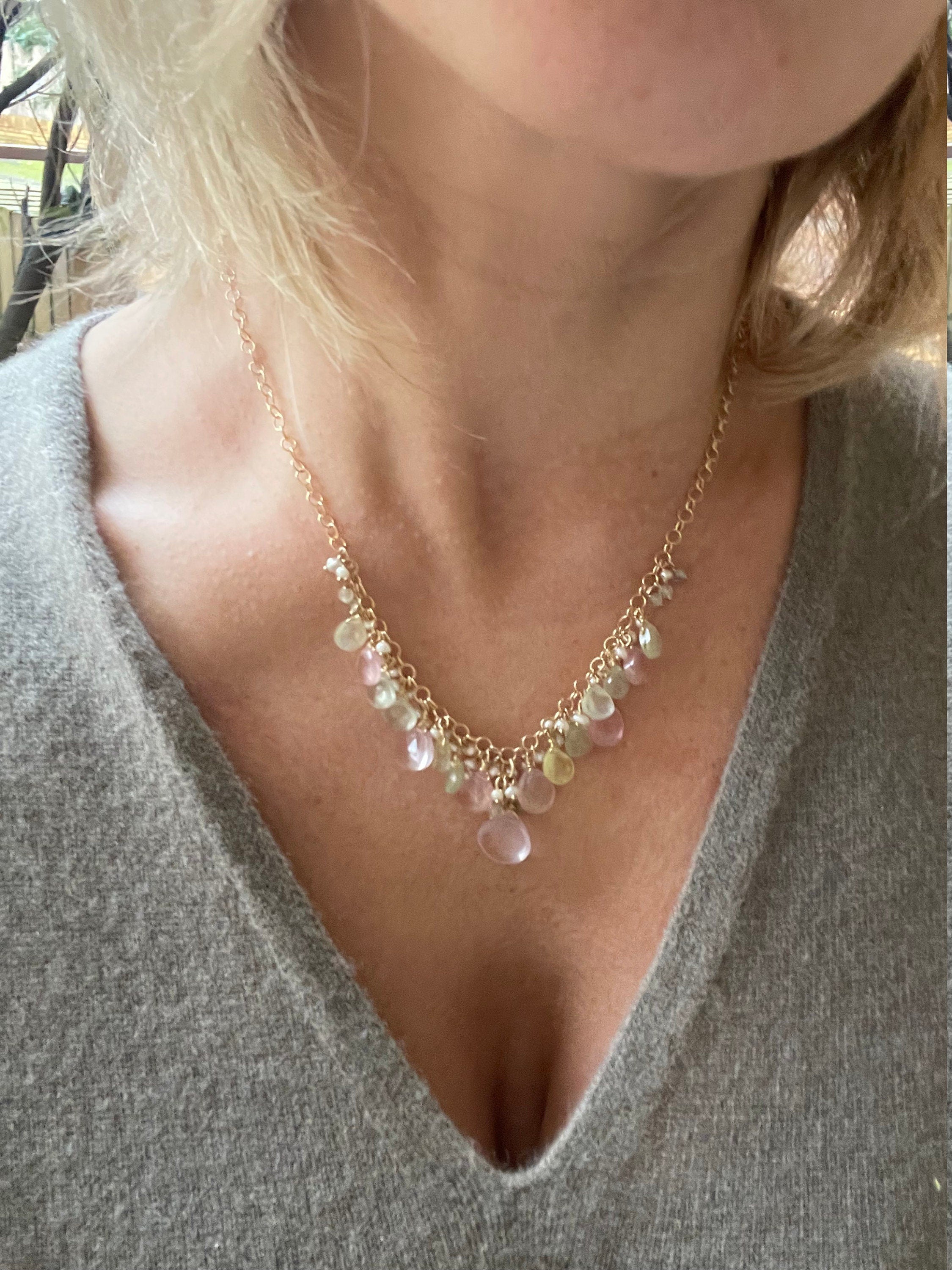 Rose quartz and prehnite briolette necklace