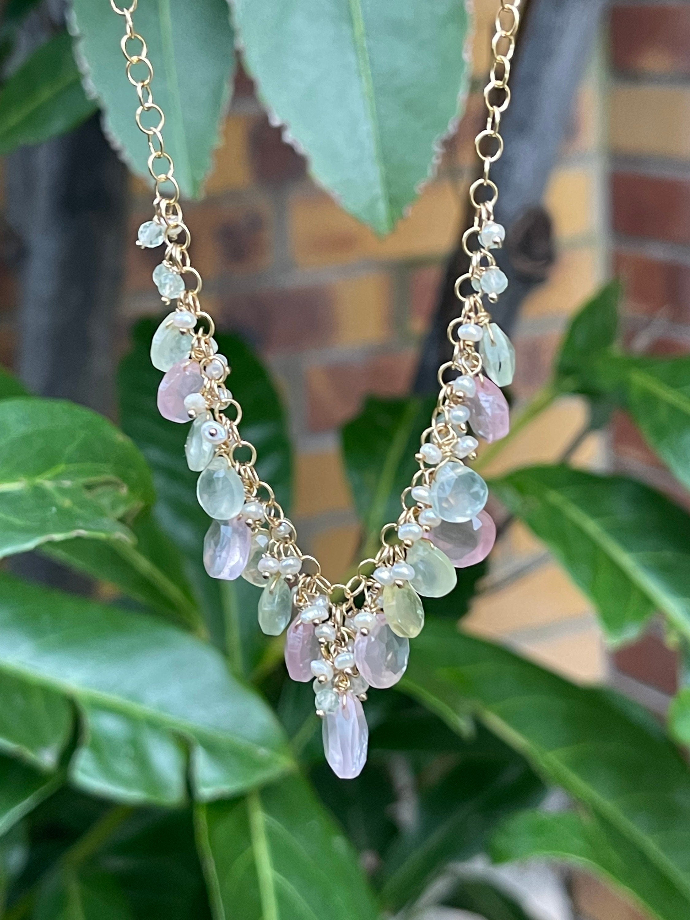 Rose quartz and prehnite briolette necklace