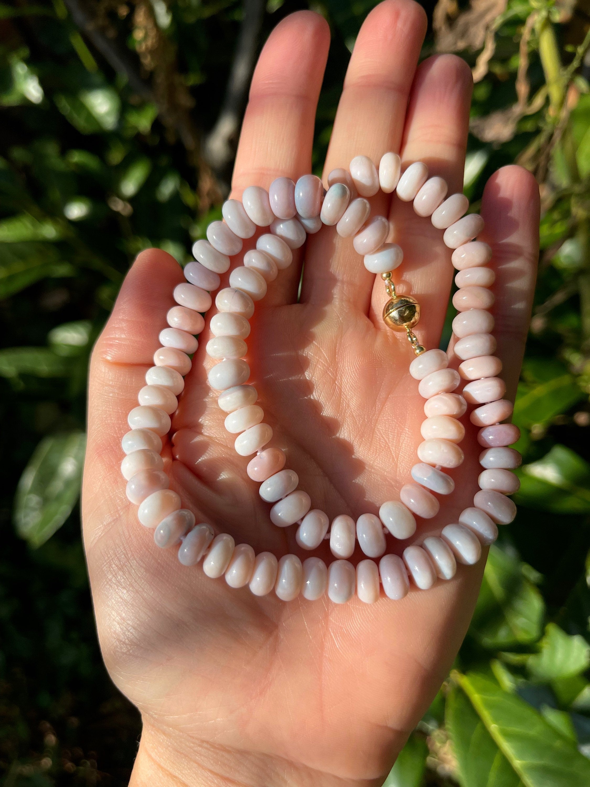 Lavender opal hand knotted beaded necklace with magnetic clasp