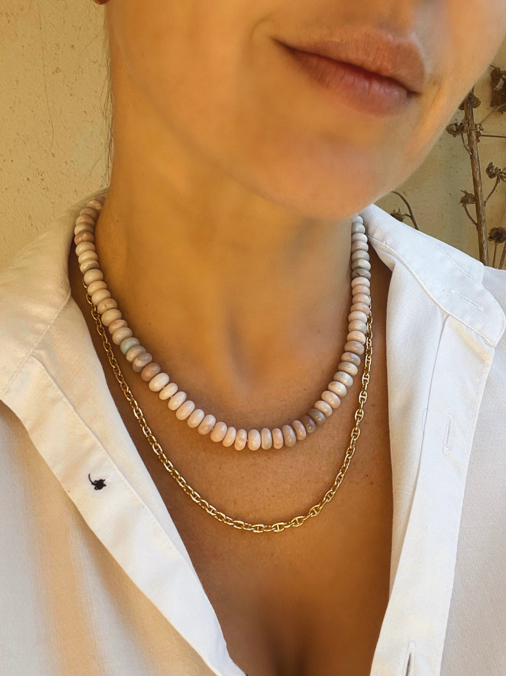 Lavender opal hand knotted beaded necklace with magnetic clasp
