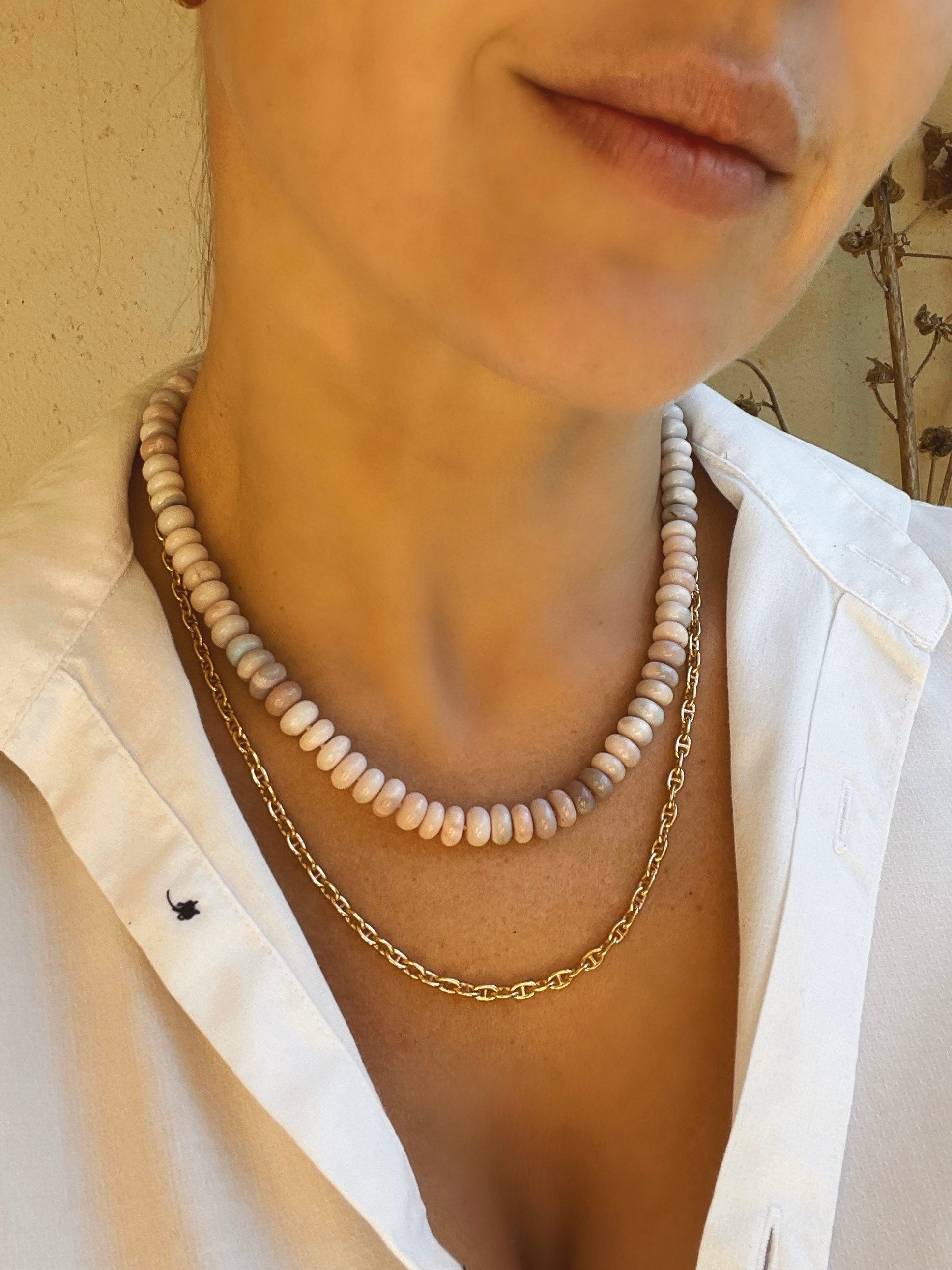 Lavender opal hand knotted beaded necklace with magnetic clasp