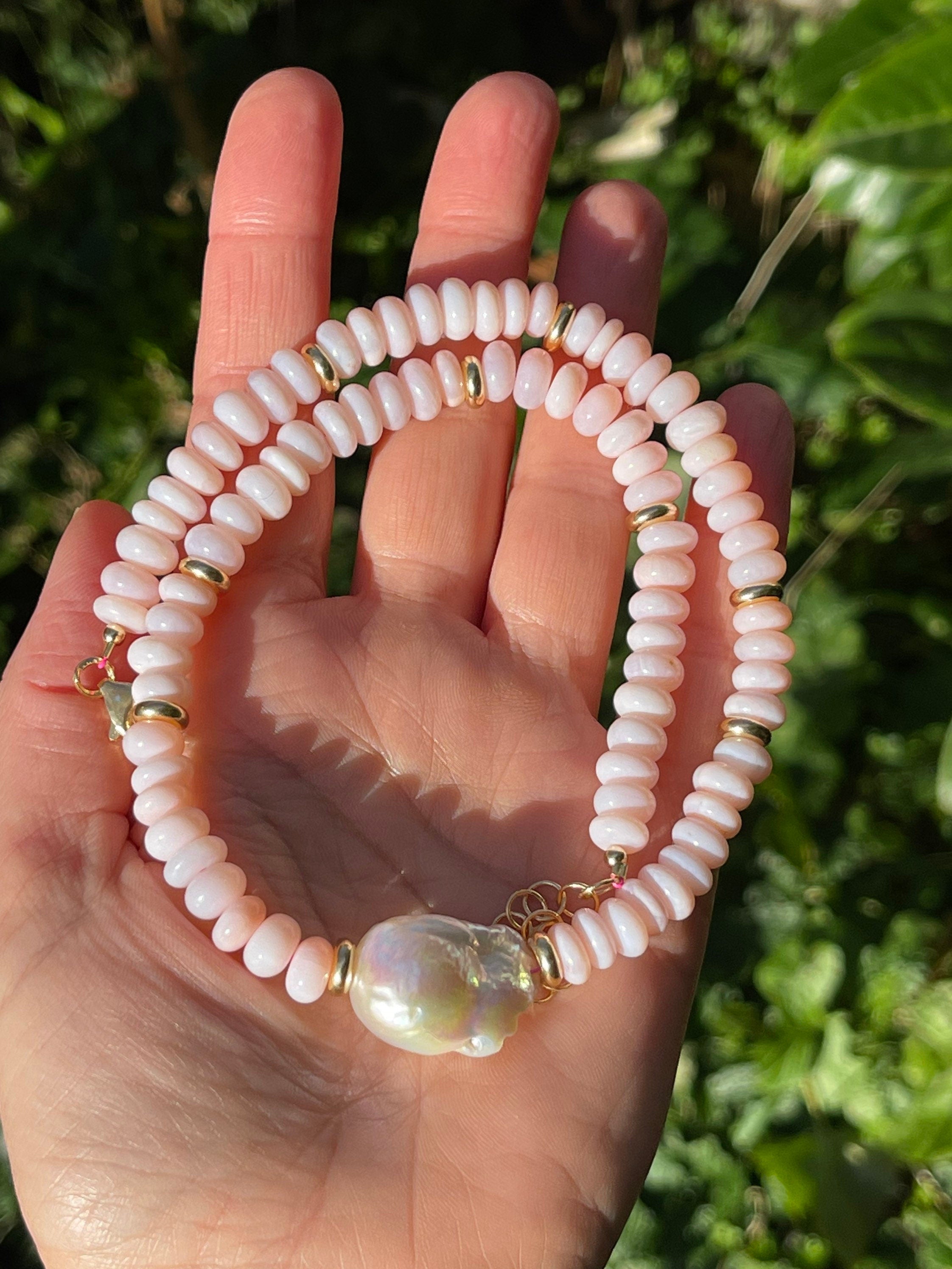 Pink opal and baroque pearl necklace, beaded summer necklace