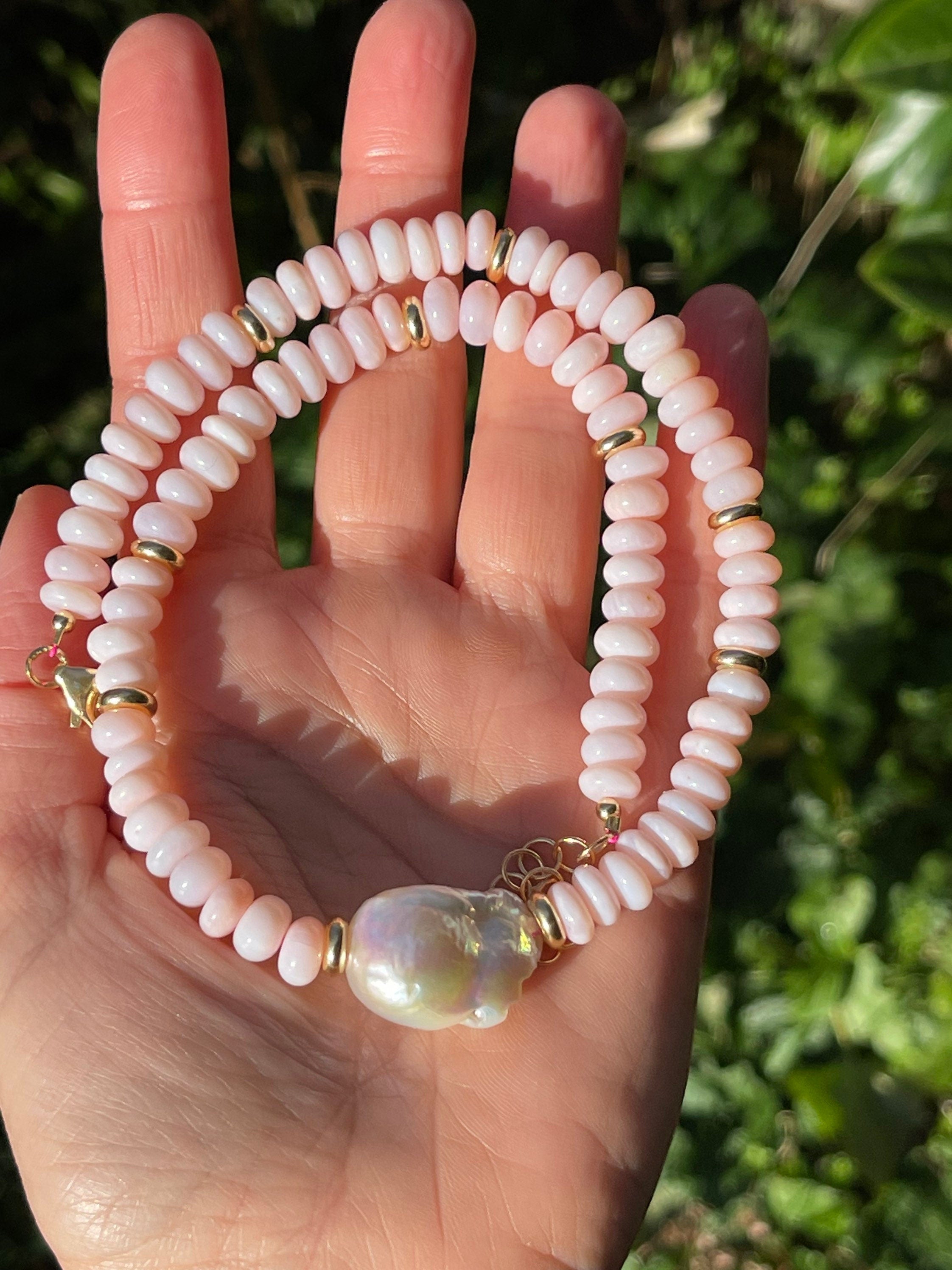 Pink opal and baroque pearl necklace, beaded summer necklace