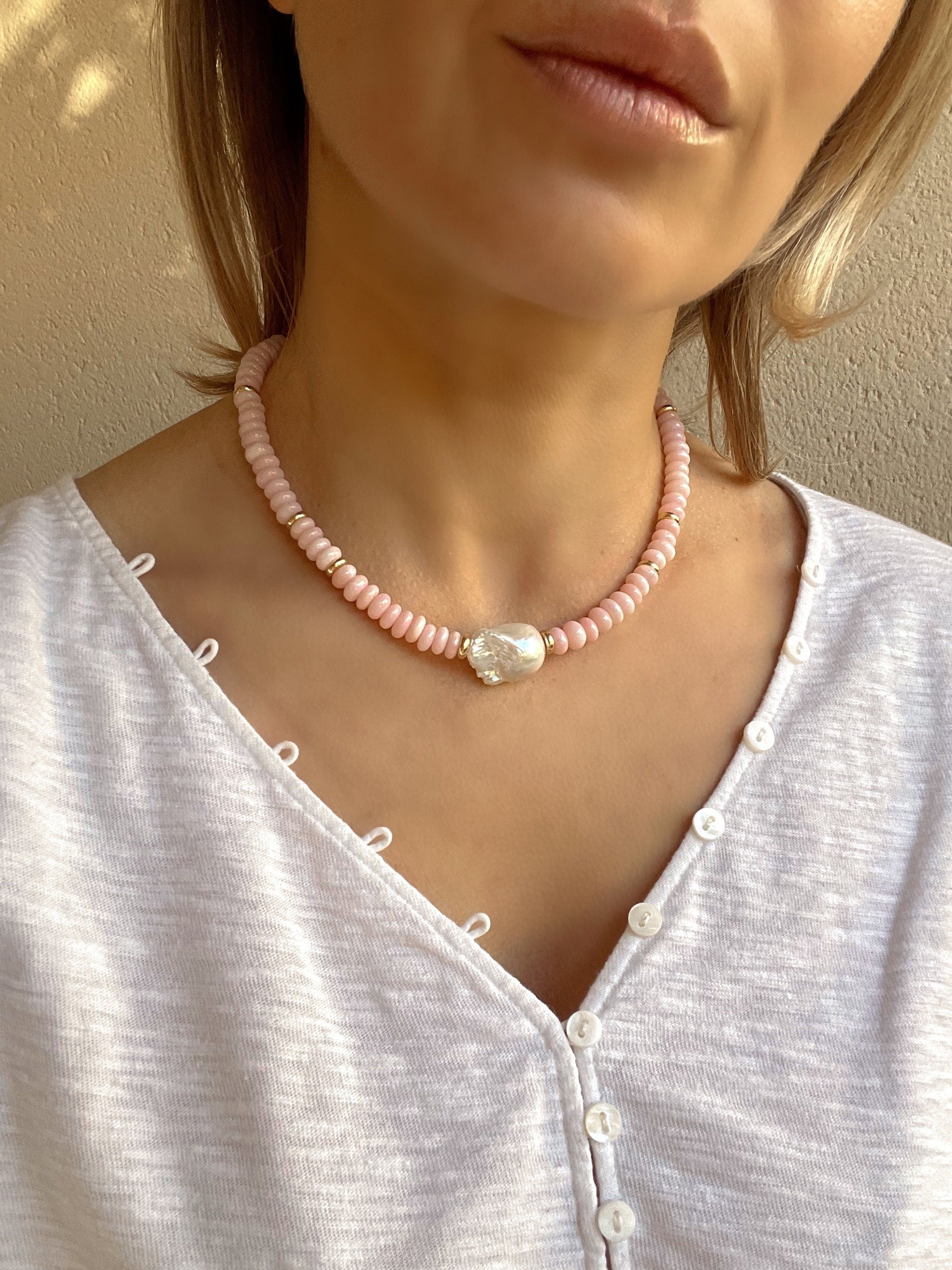 Pink opal and baroque pearl necklace, beaded summer necklace