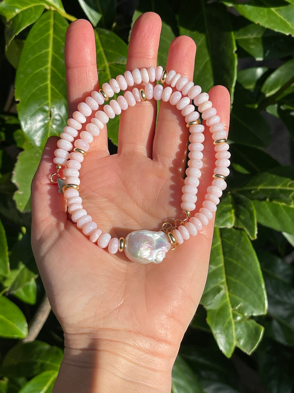 Pink opal and baroque pearl necklace, beaded summer necklace