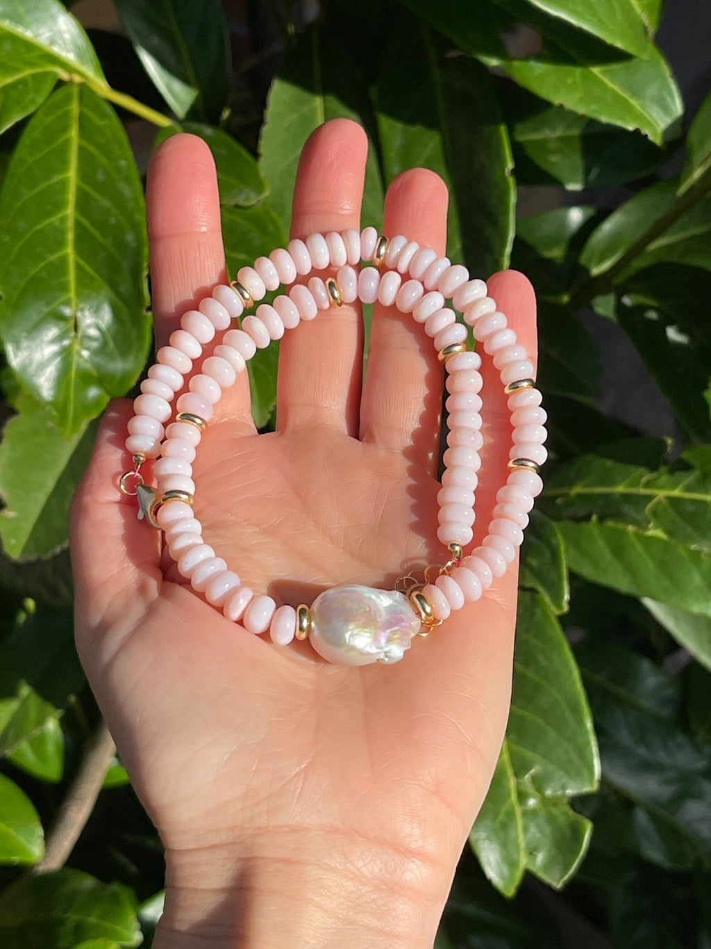 Pink opal and baroque pearl necklace, beaded summer necklace