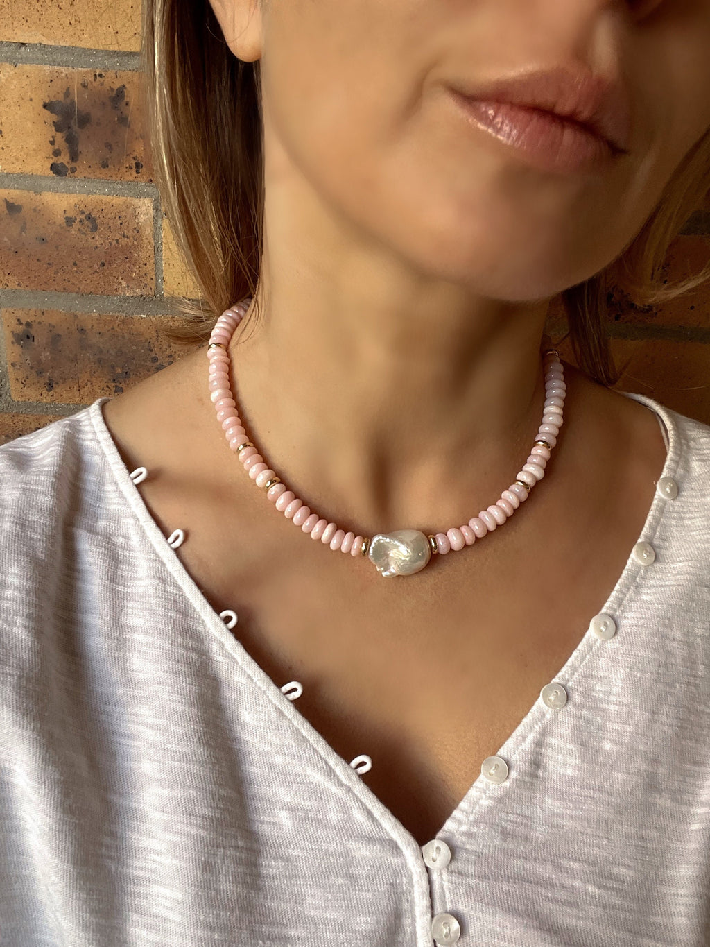 Pink opal and baroque pearl necklace, beaded summer necklace