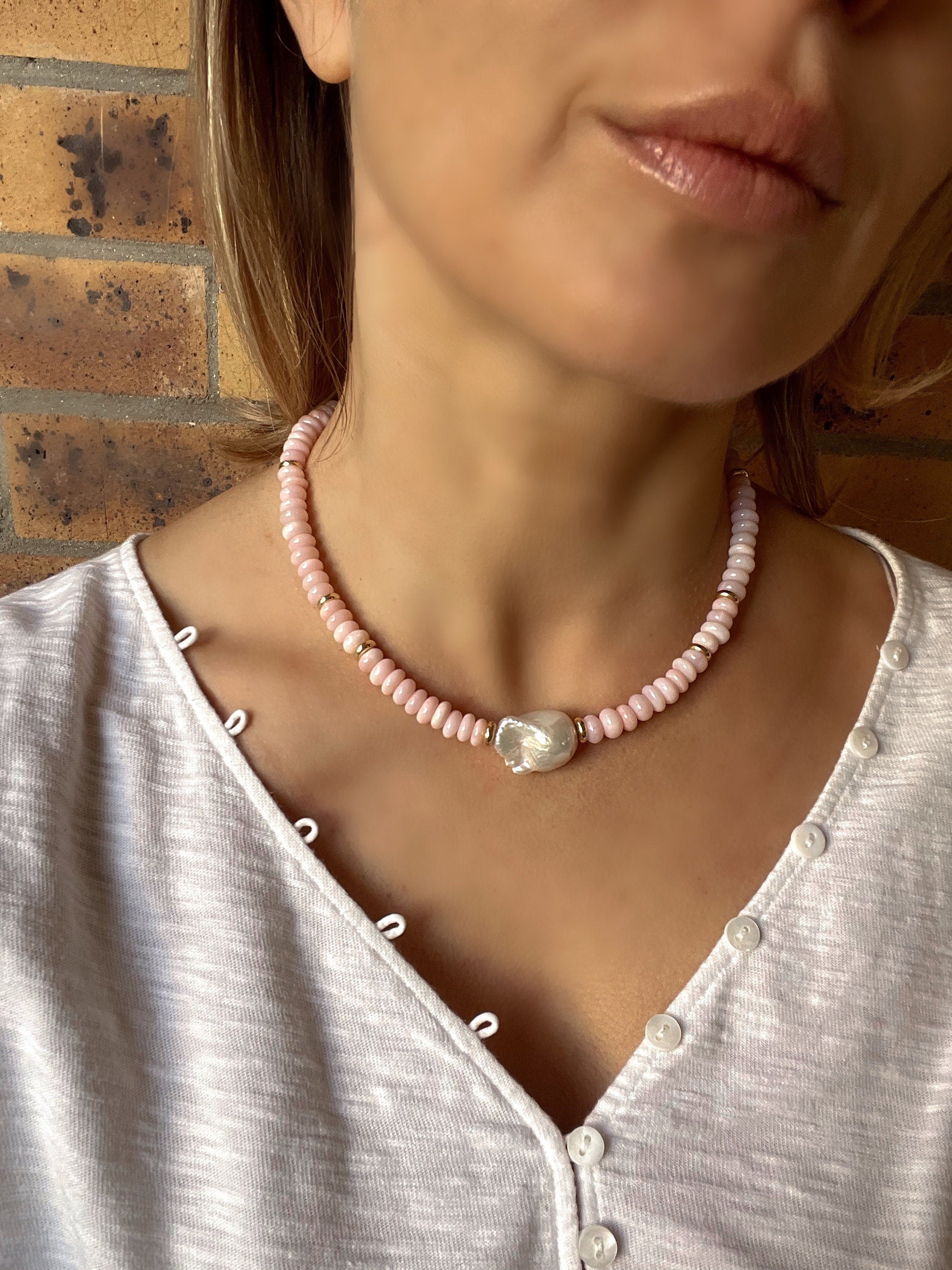 Pink opal and baroque pearl necklace, beaded summer necklace