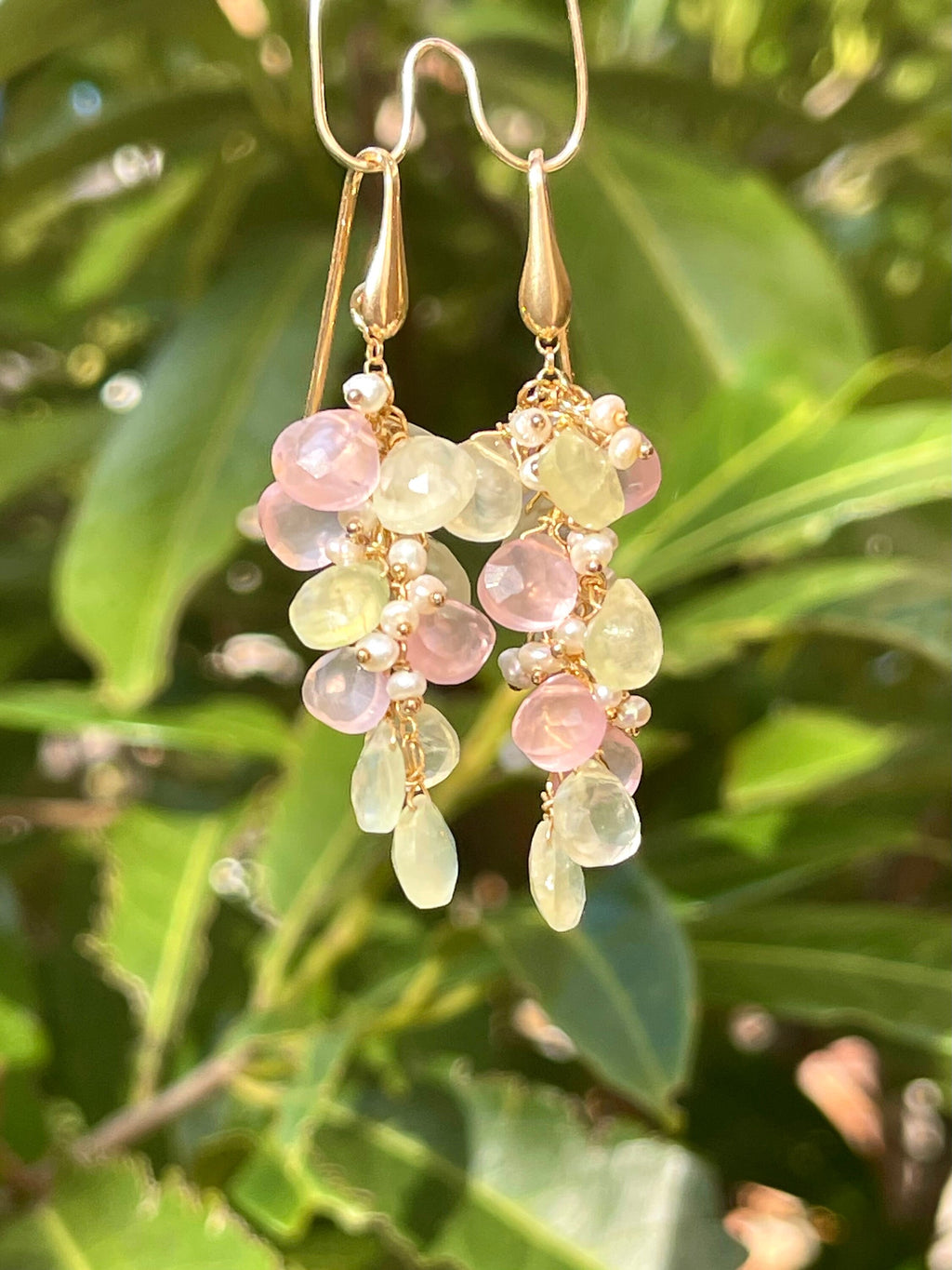 Rose Quartz and Prehnite Briolette Drop Earrings