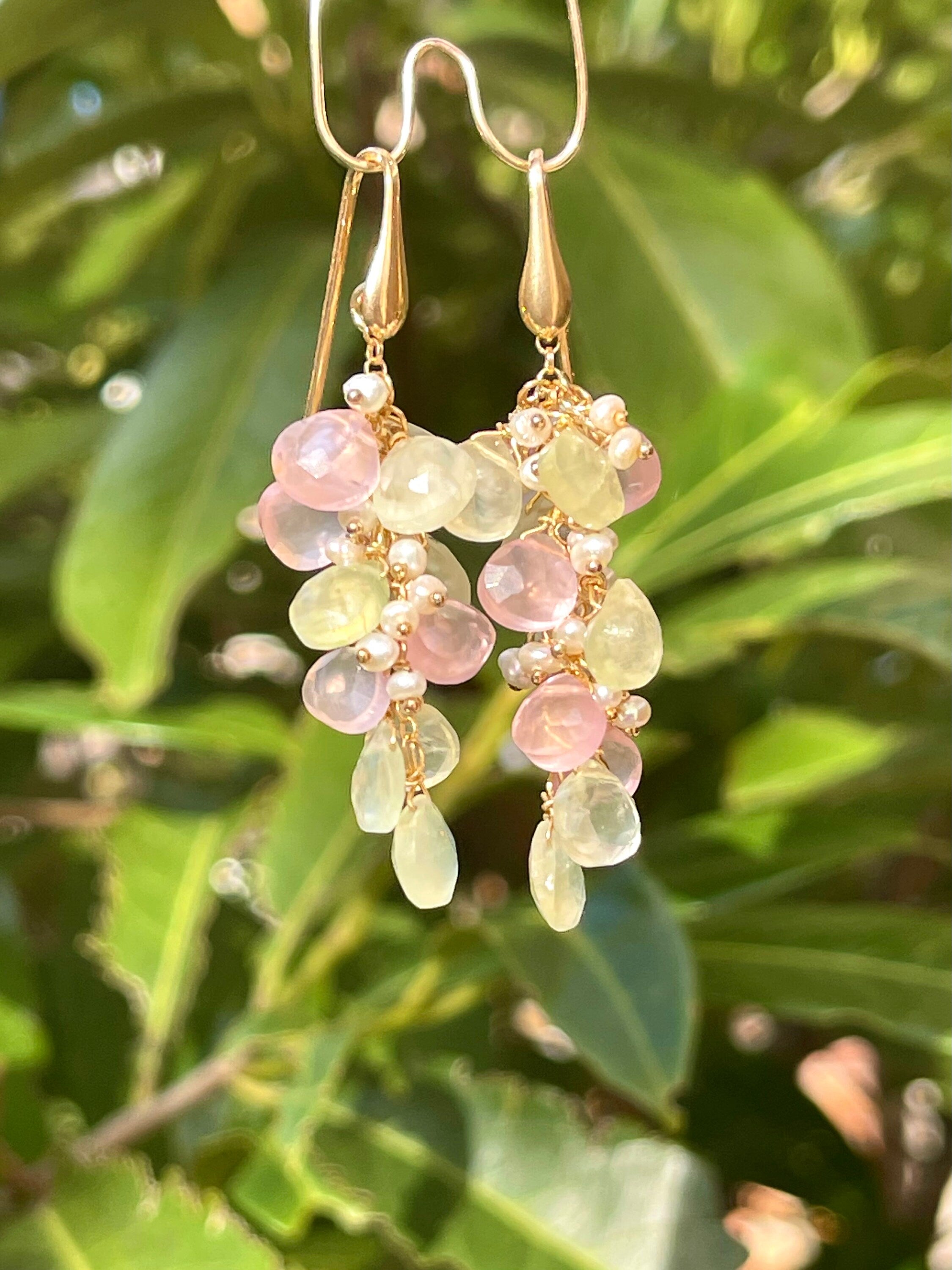 Rose Quartz and Prehnite Briolette Drop Earrings