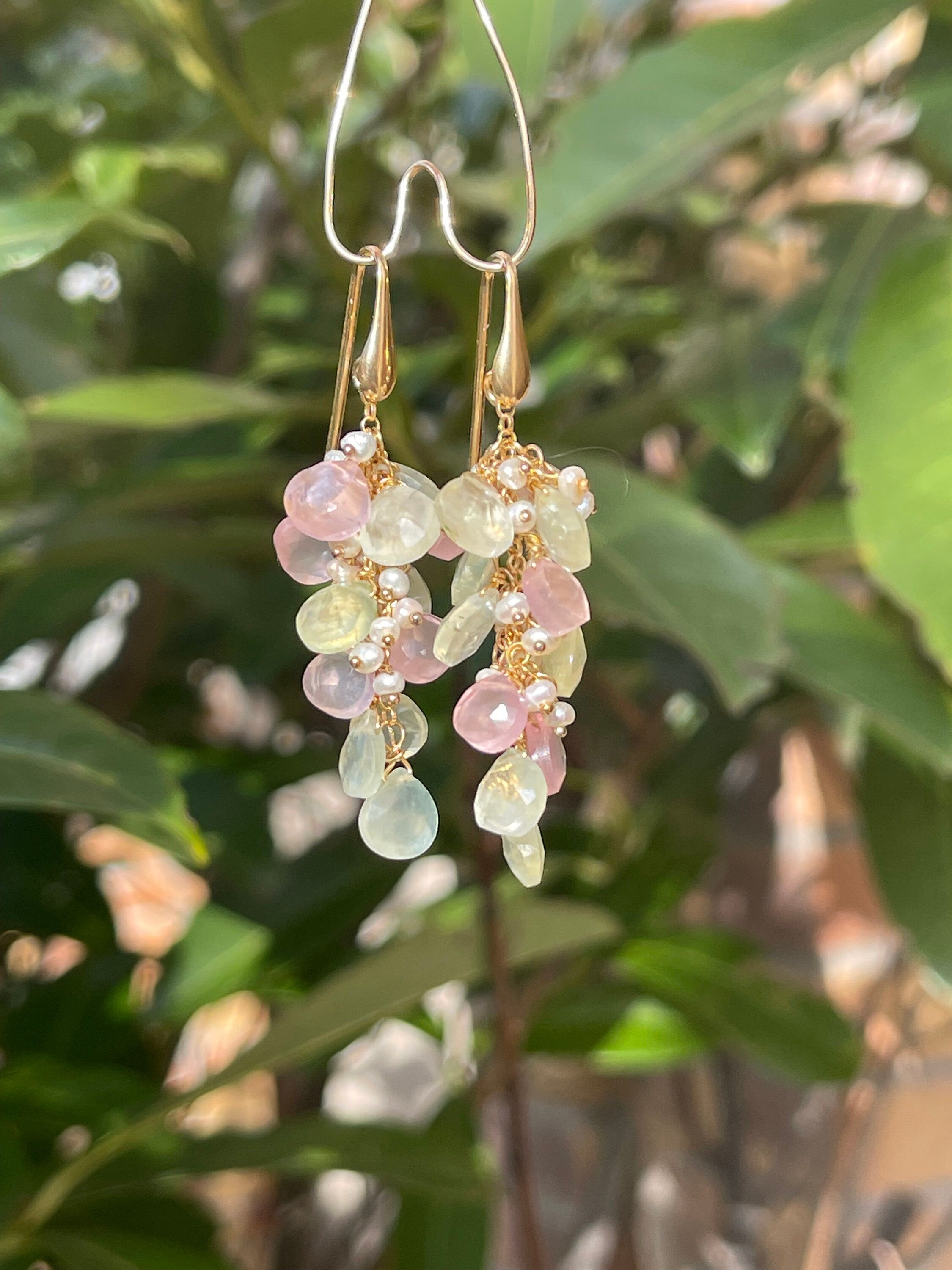 Rose Quartz and Prehnite Briolette Drop Earrings