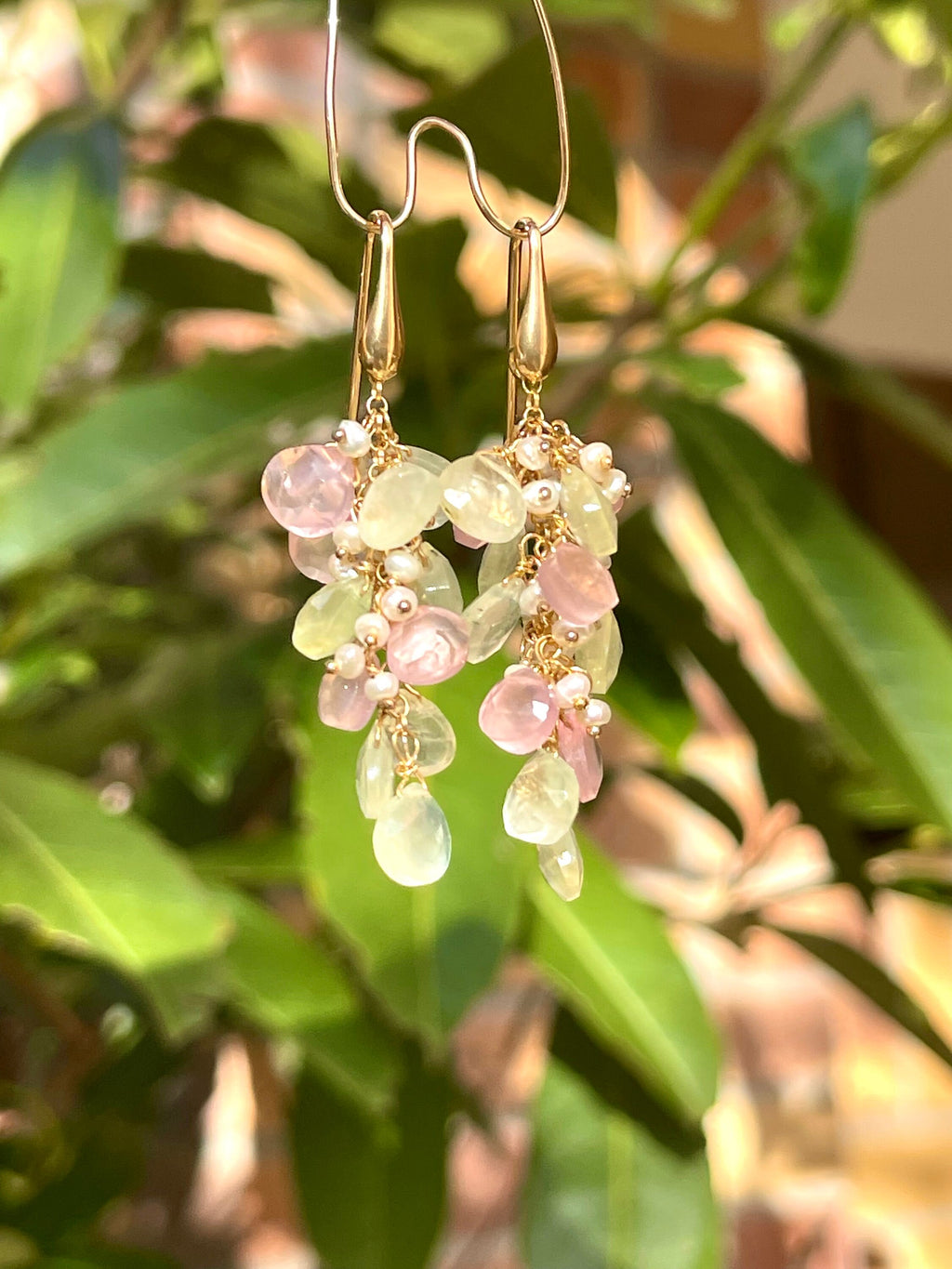 Rose Quartz and Prehnite Briolette Drop Earrings