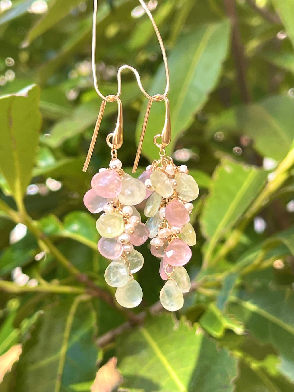 Rose Quartz and Prehnite Briolette Drop Earrings