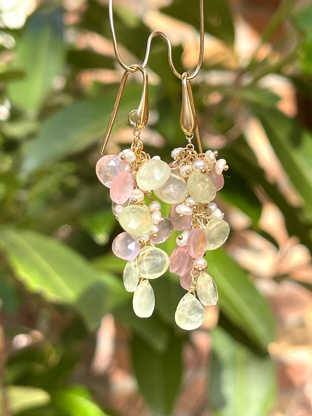 Rose Quartz and Prehnite Briolette Drop Earrings