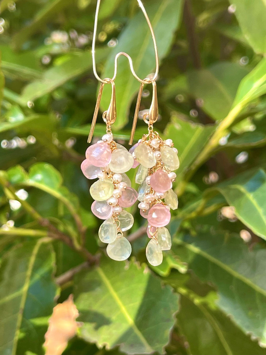 Rose Quartz and Prehnite Briolette Drop Earrings
