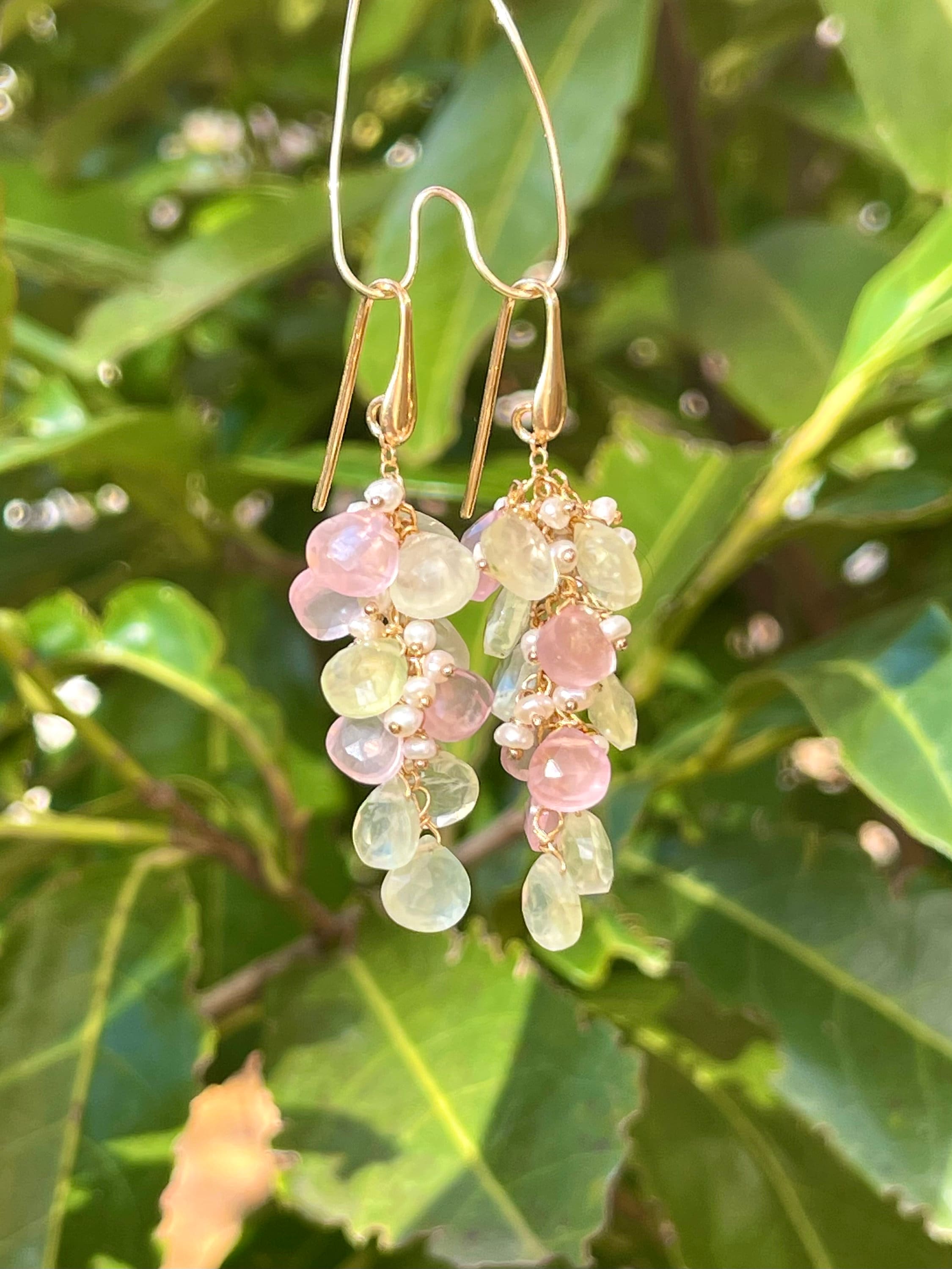 Rose Quartz and Prehnite Briolette Drop Earrings