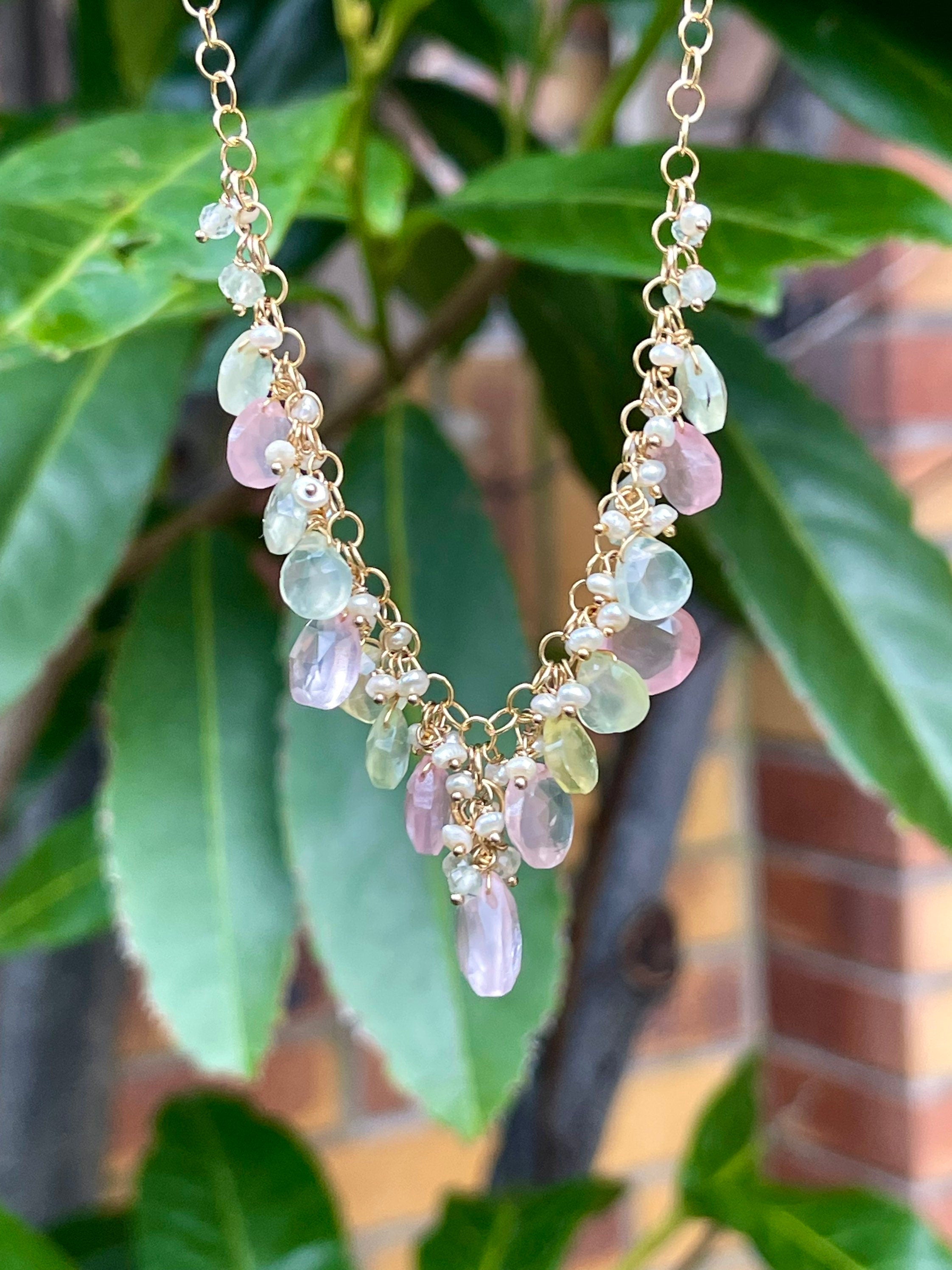 Rose quartz and prehnite briolette necklace