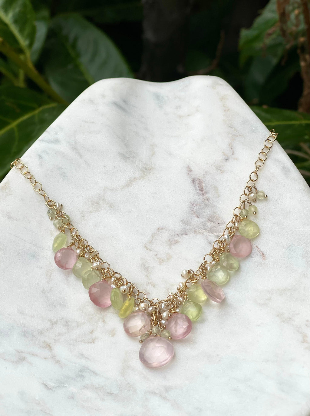 Rose quartz and prehnite briolette necklace