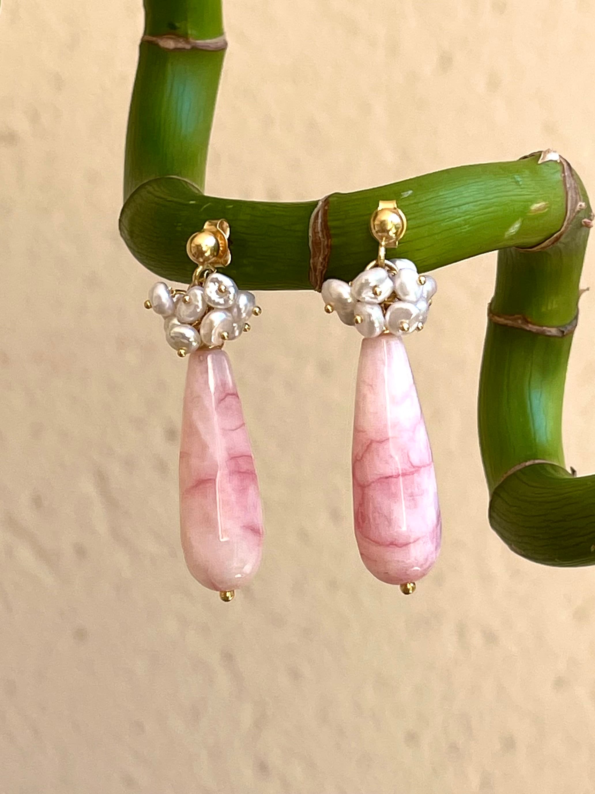 Gemstone cluster earrings, pink chalcedony and keshi pearls drop earrings