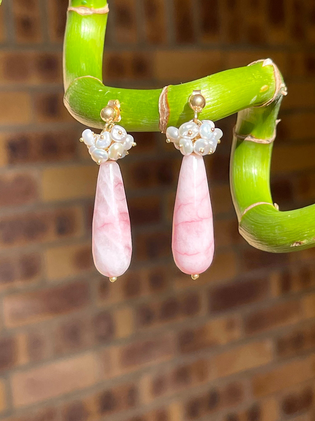 Gemstone cluster earrings, pink chalcedony and keshi pearls drop earrings