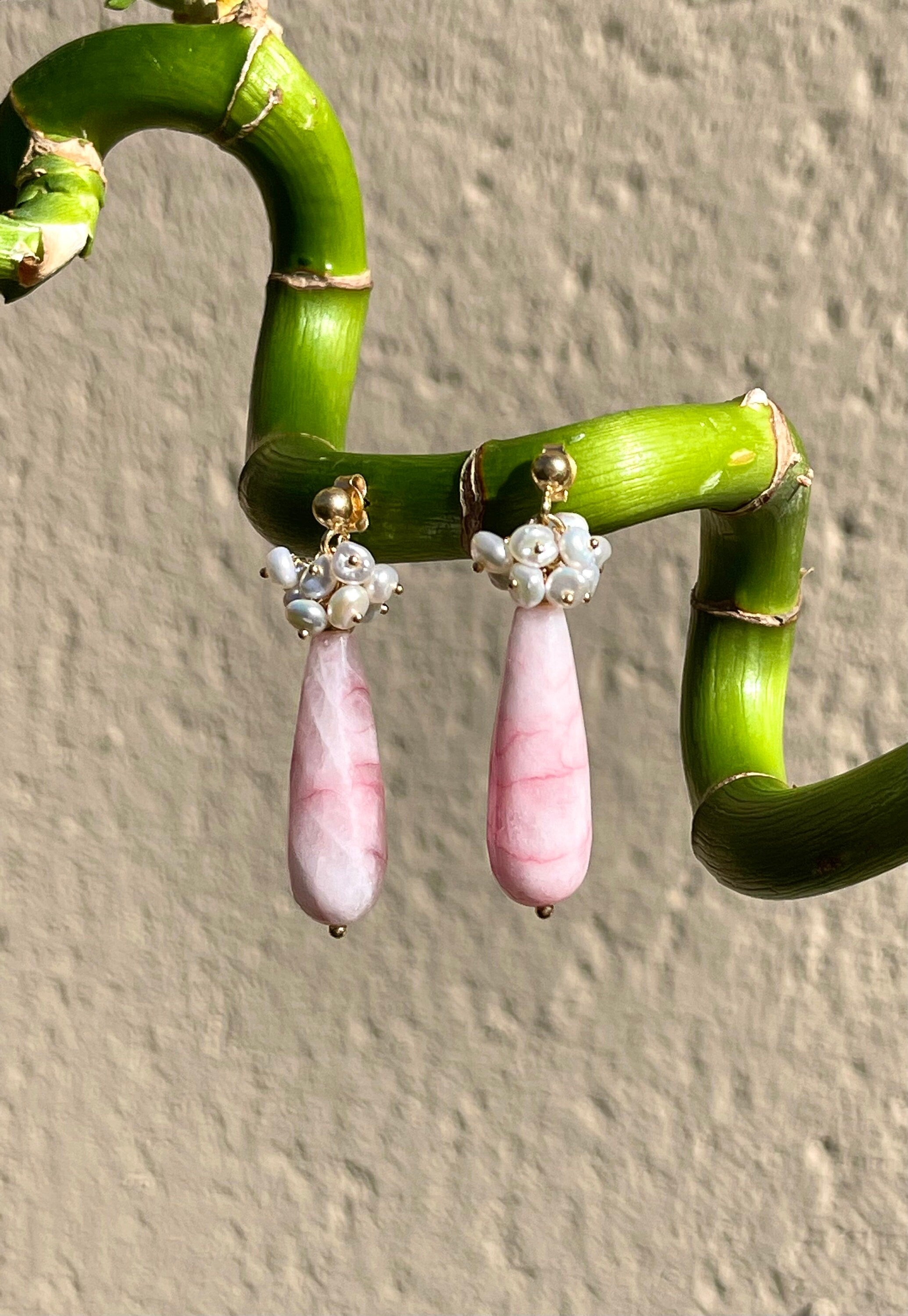 Gemstone cluster earrings, pink chalcedony and keshi pearls drop earrings