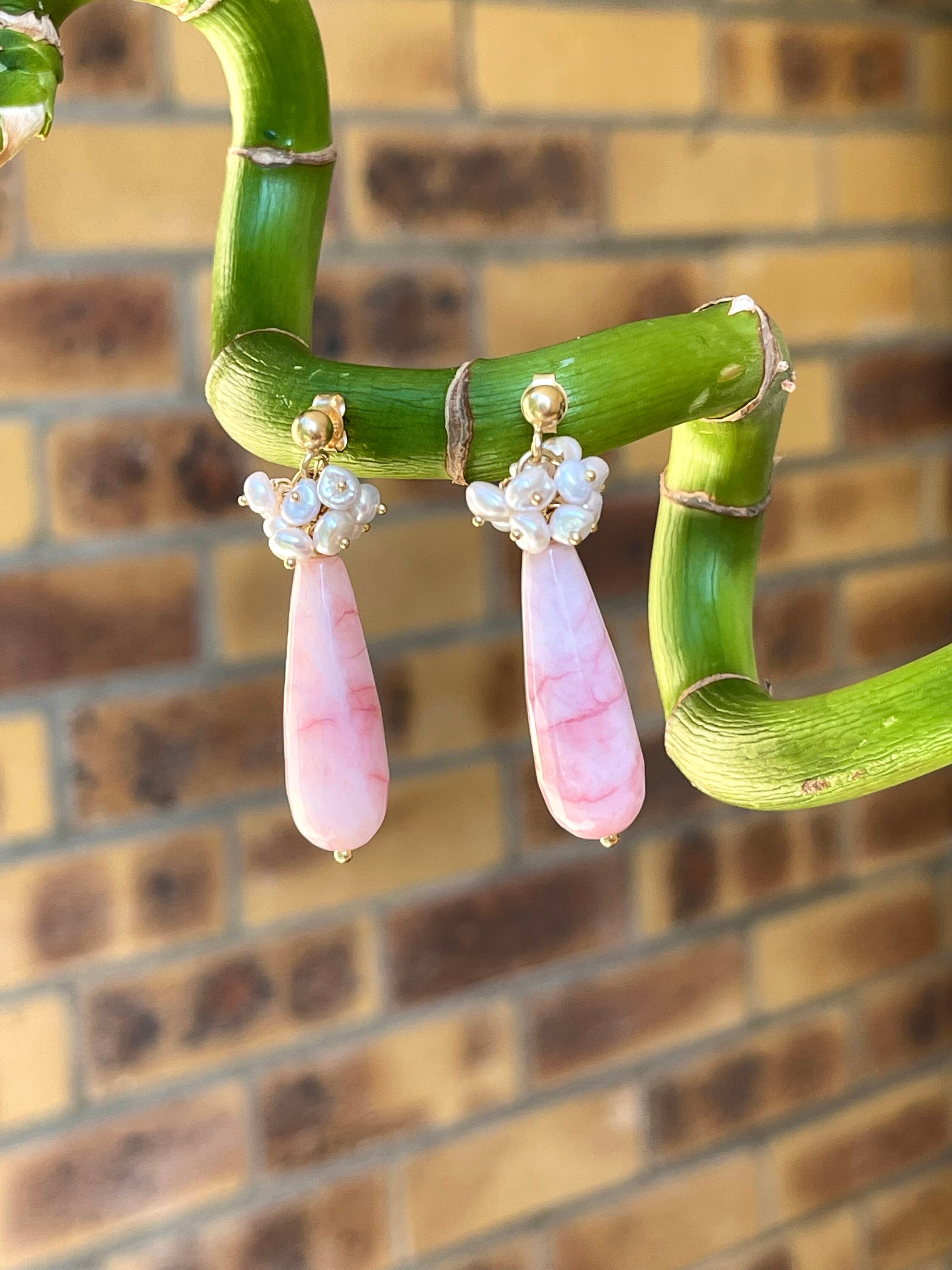Gemstone cluster earrings, pink chalcedony and keshi pearls drop earrings