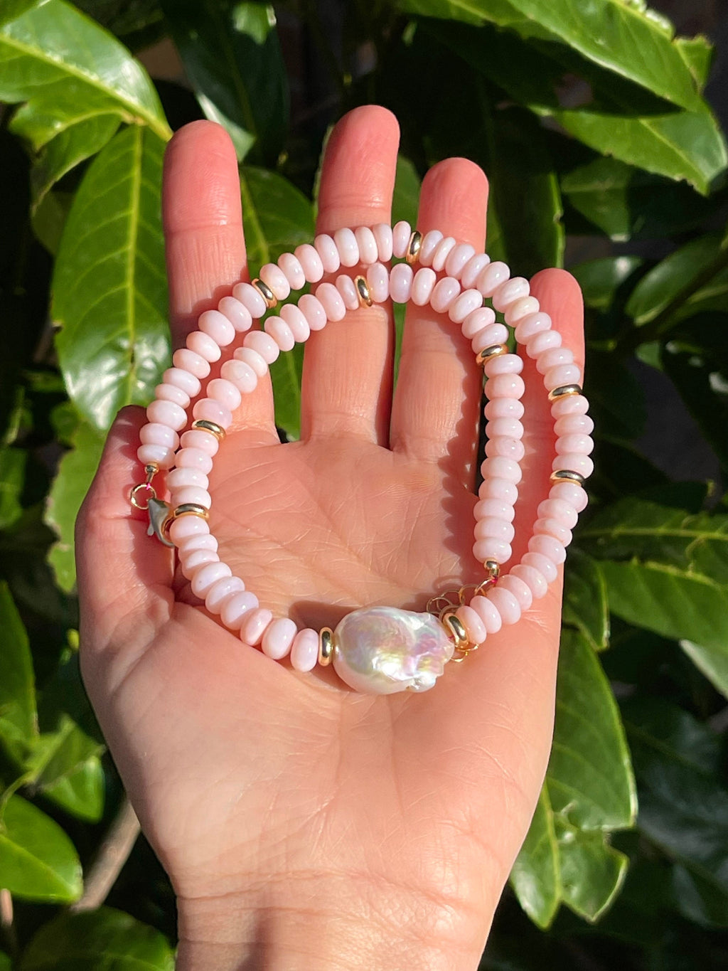 Pink opal and baroque pearl necklace, beaded summer necklace