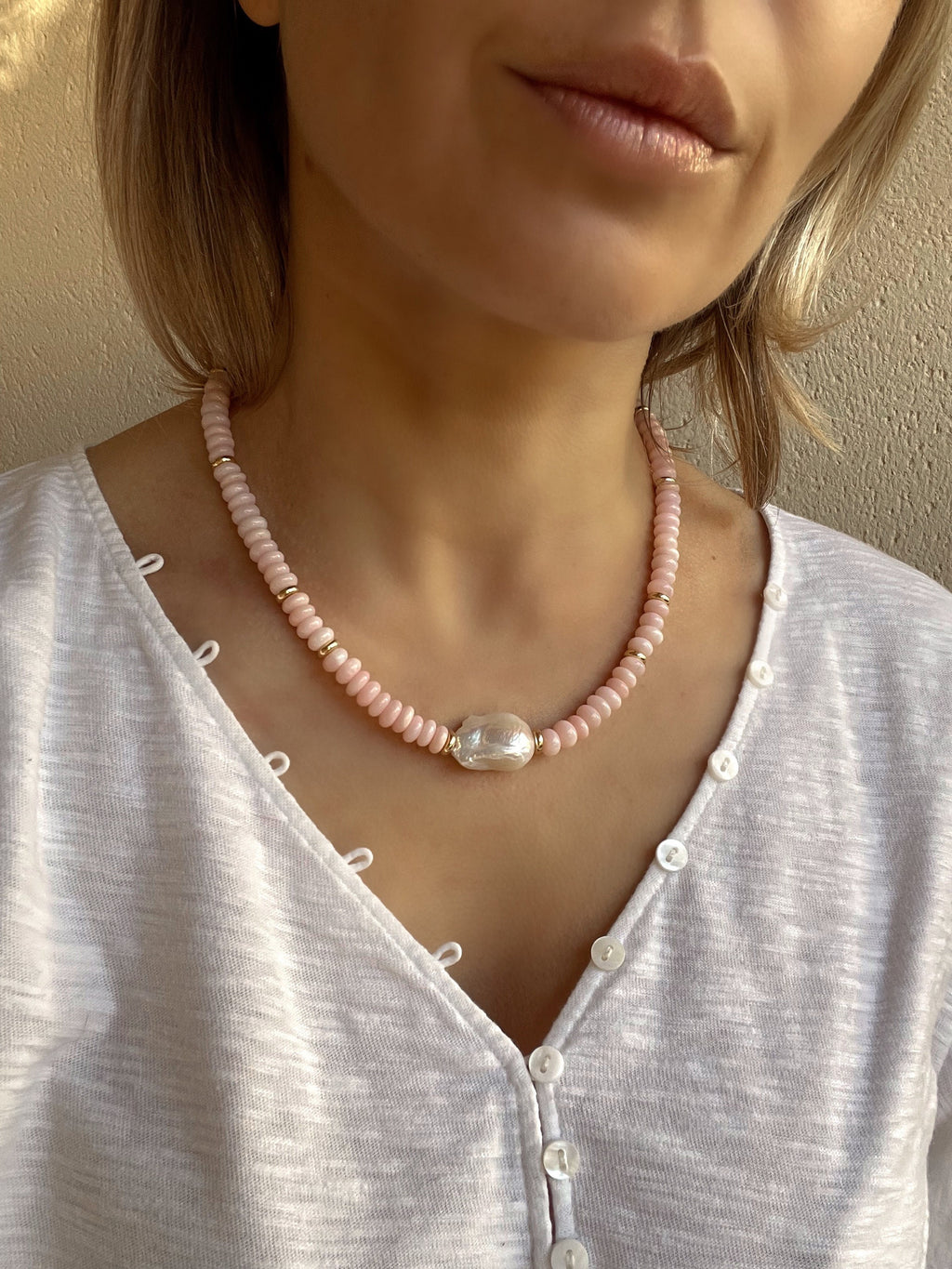 Pink opal and baroque pearl necklace, beaded summer necklace