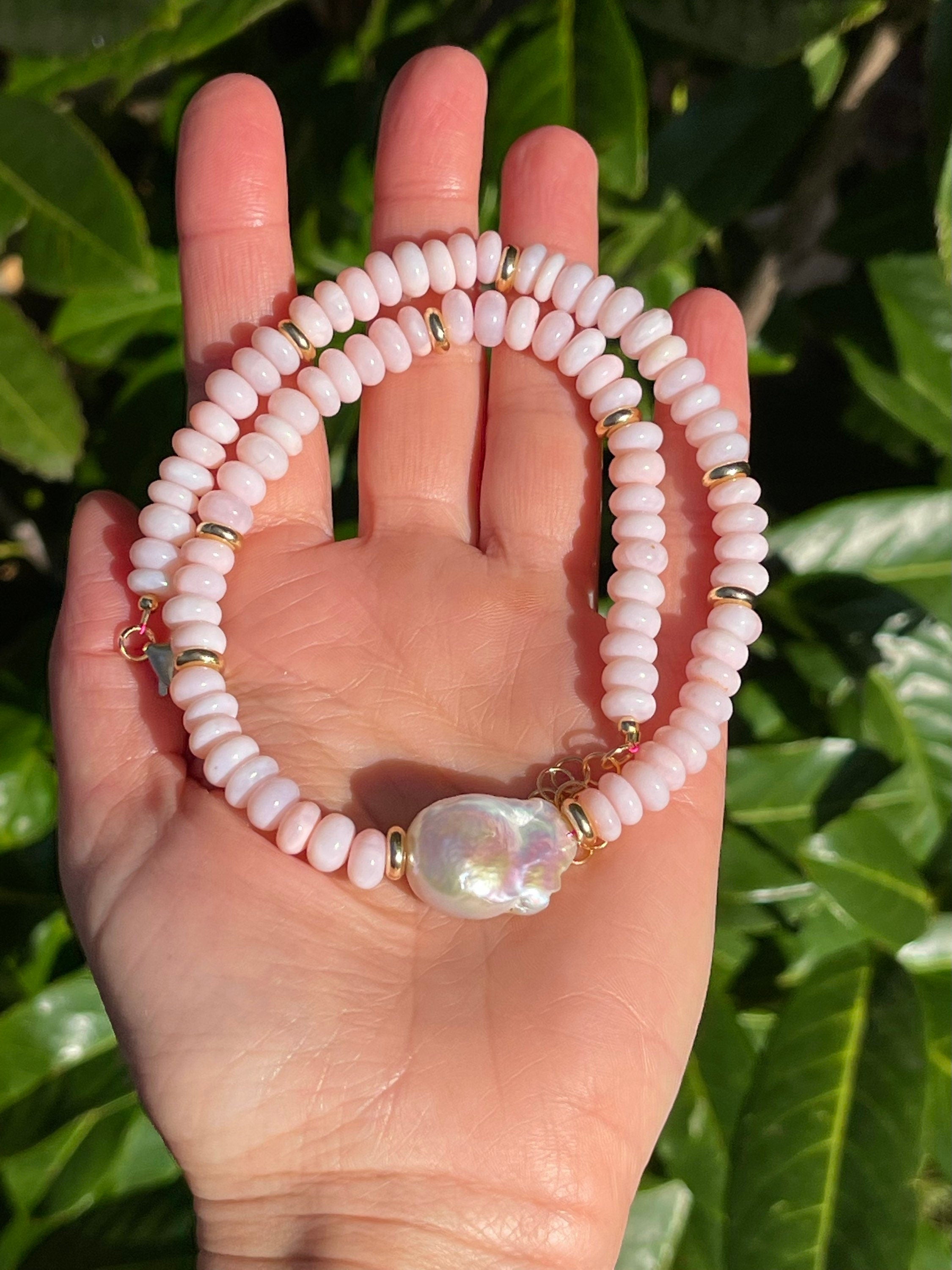 Pink opal and baroque pearl necklace, beaded summer necklace